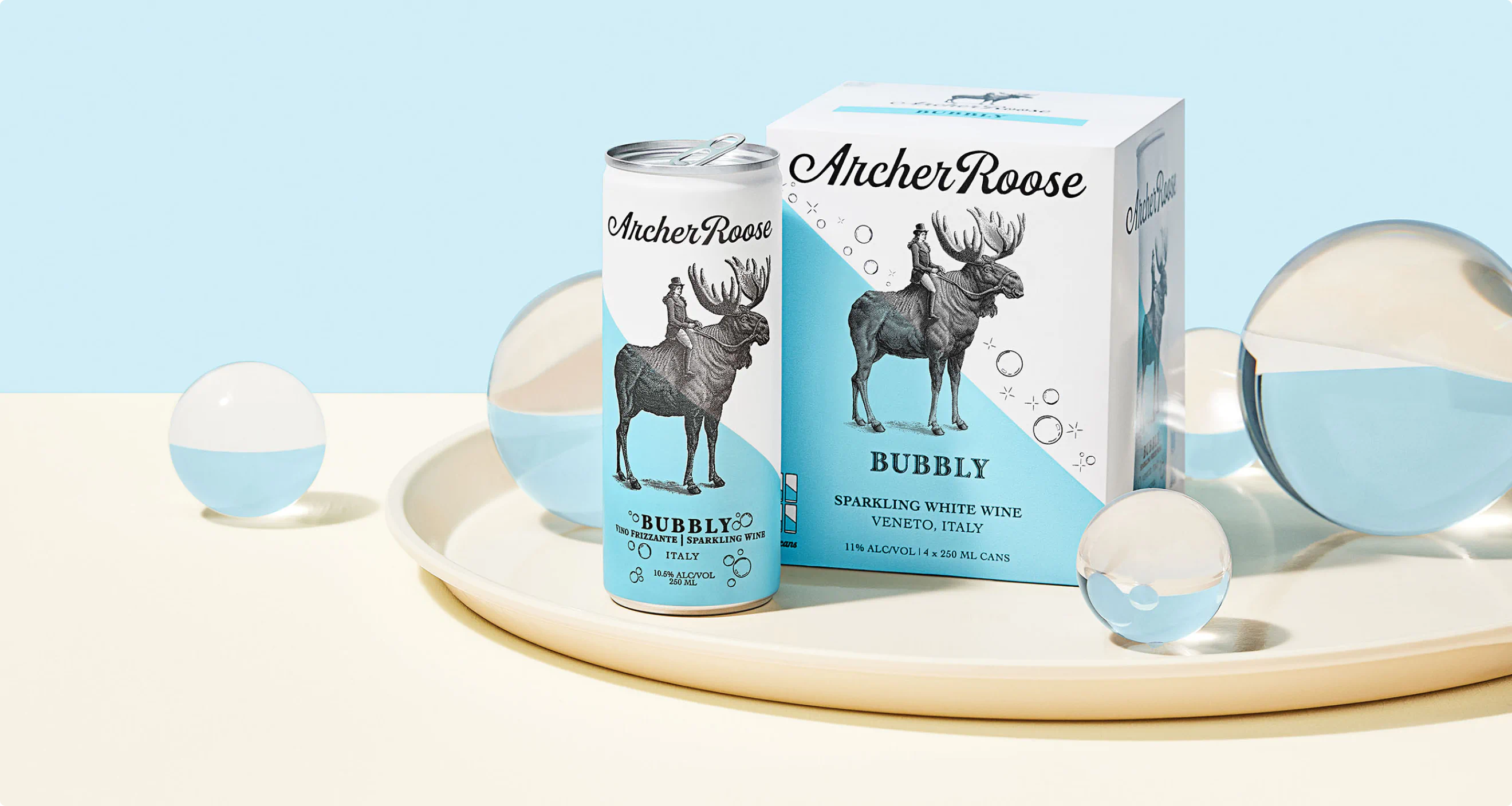 Packaging photography with round glass orbs. A part of the new brand identity system created by Colossus for Archer Roose Wines.