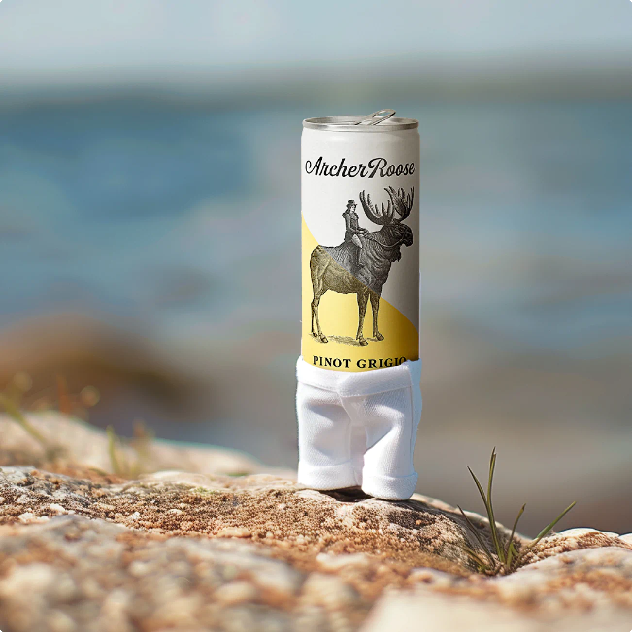 A dainty little can of Archer Roose Wine wearing white trousers. Social content for Archer Roose developed by Colossus.