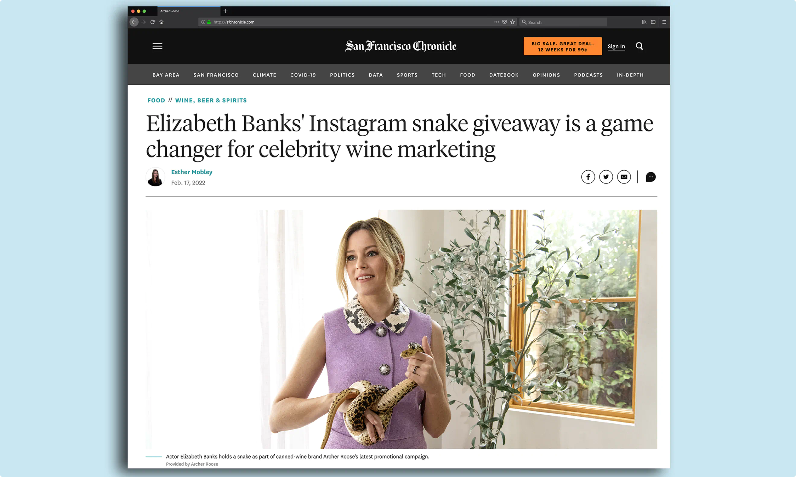 SF Chronicle article screenshot about the Archer Roose Snake Rewards campaign created by Colossus. The headline: "Elizabeth Banks' Instagram snake giveaway is a game changer for celebrity wine marketing."