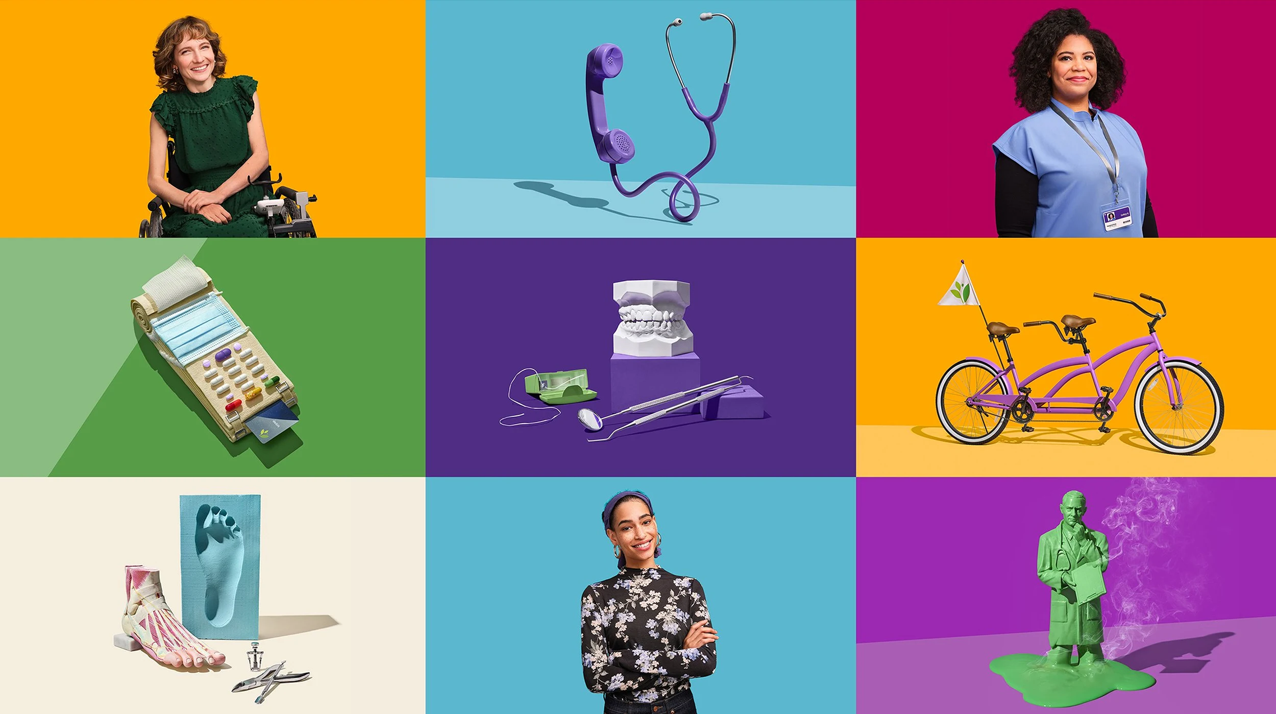 A colorful collage of brand elements for athenahealth.