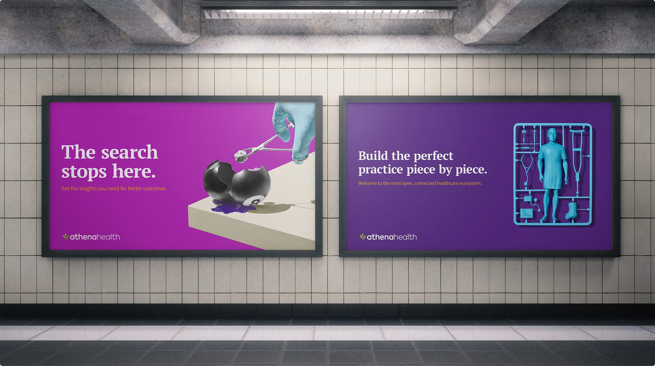 Two subway billboard signs for athenahealth. One headline reads "The Search Stops Here" and the other reads "Build the perfect practice piece by piece."