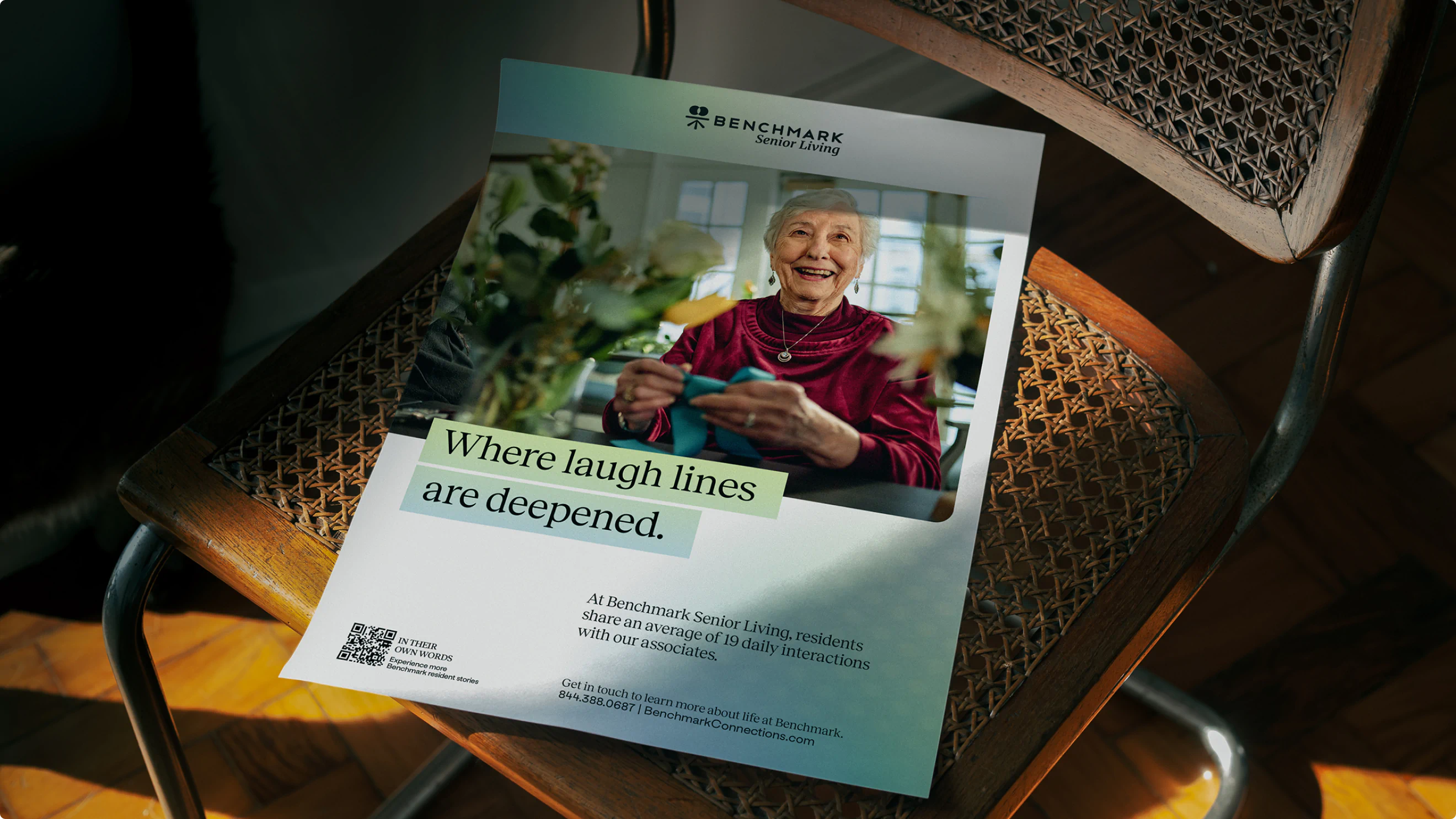 Print flyer. A part of the refined brand identity developed by Colossus for Benchmark Senior Living.