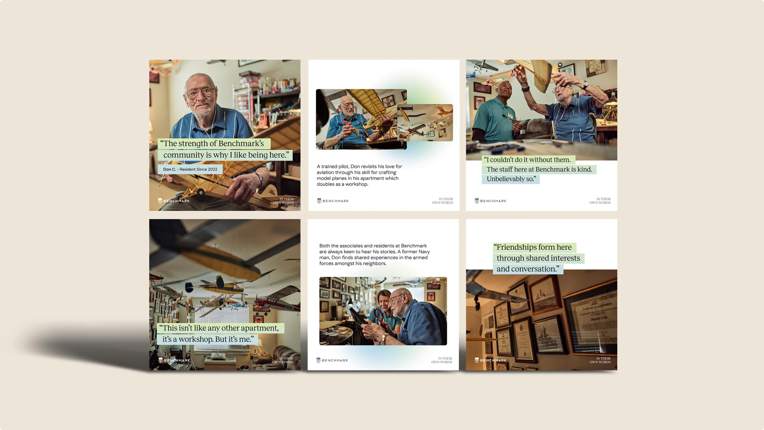 Paid social ads. A part of the refined brand identity developed by Colossus for Benchmark Senior Living.