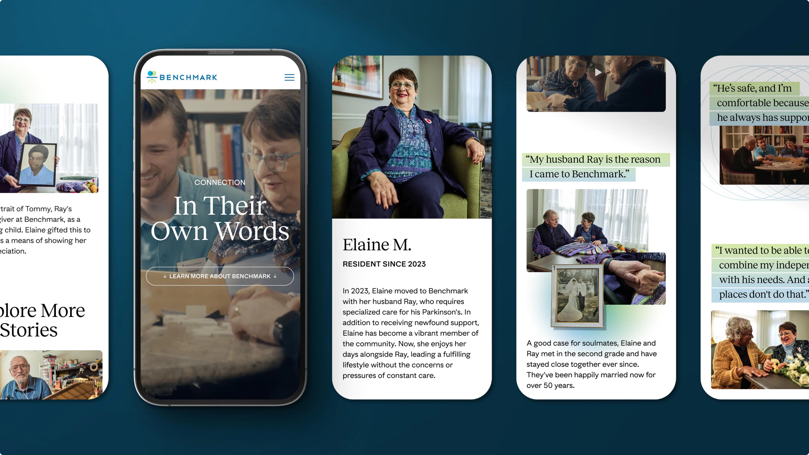 Carousel of a mobile experience and landing page designed by Colossus for Benchmark Senior Living.
