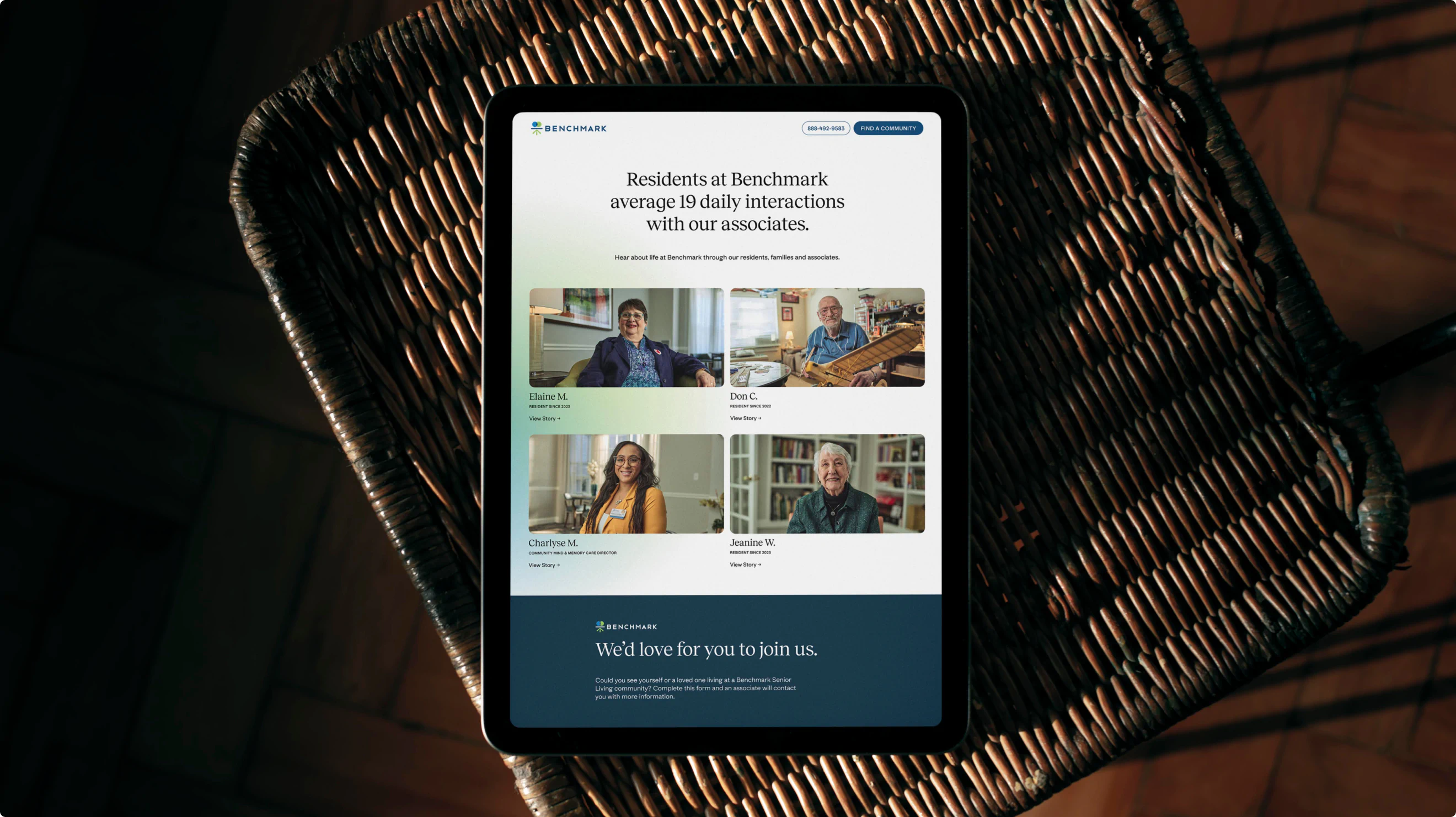 Ipad landing page. A part of the refined brand identity developed by Colossus for Benchmark Senior Living.