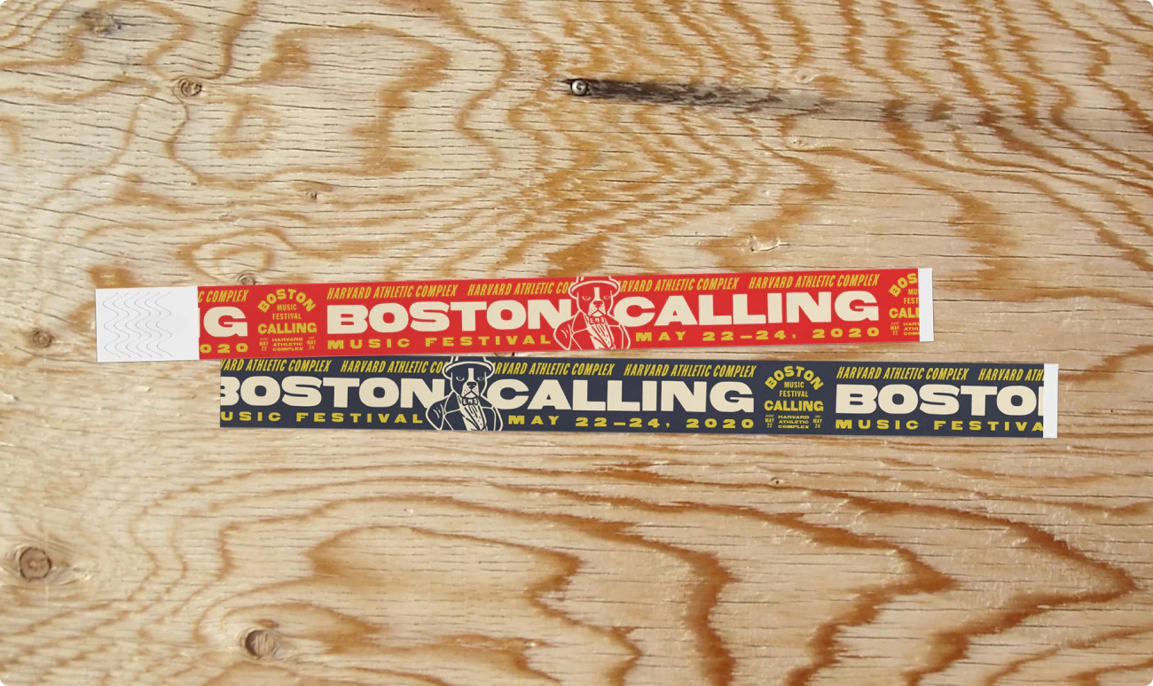 Branded wristbands. A part of the Boston Calling Music Festival brand identity and design system made by Colossus.