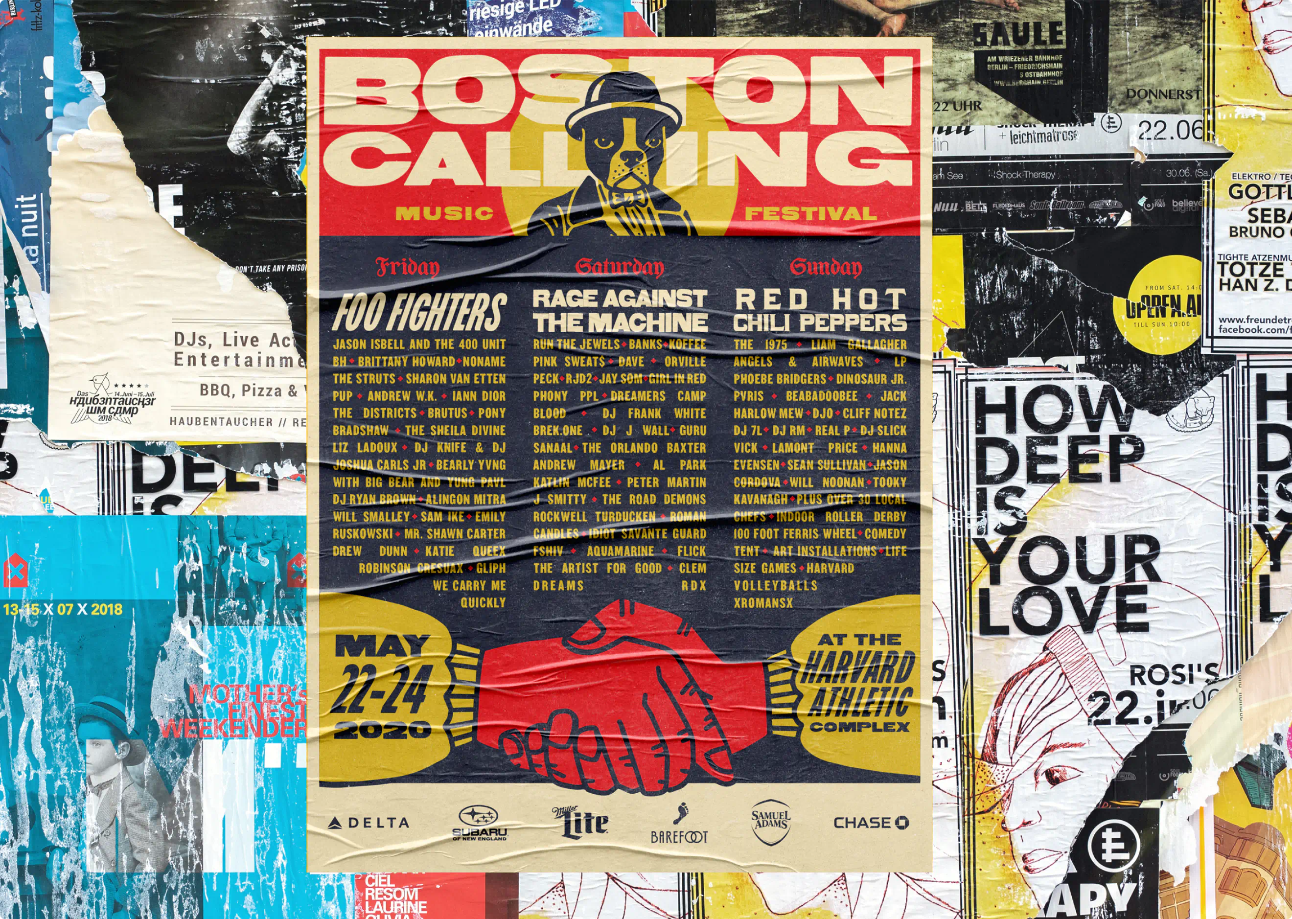 Wild postings of event lineup. A part of the Boston Calling Music Festival brand identity and design system made by Colossus.