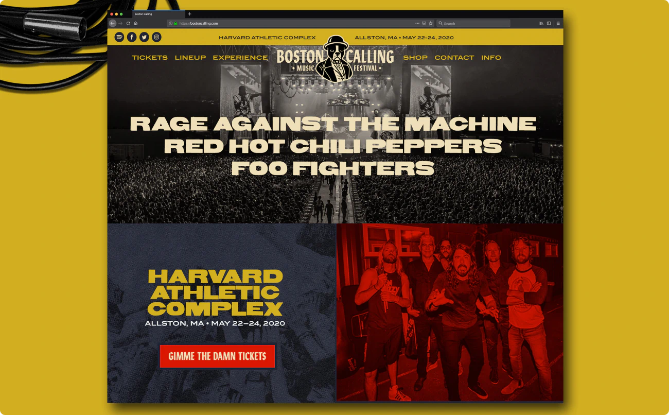Homepage and web design. A part of the Boston Calling Music Festival brand identity and design system made by Colossus.