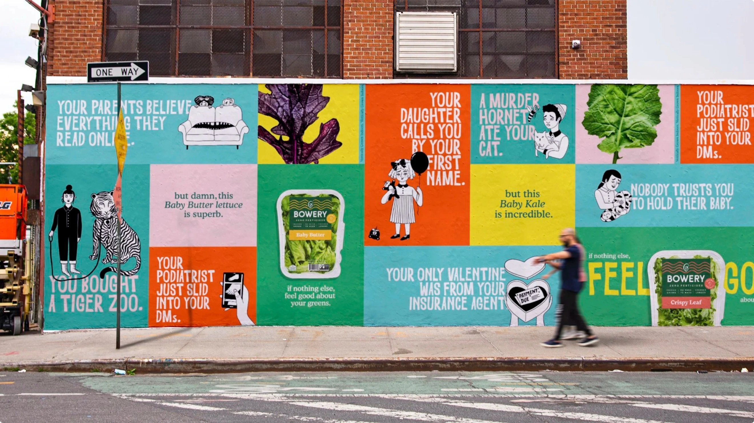 Huge wall mural advertisement in Brooklyn for Bowery Farming featuring illustrations by Laurene Boglio.