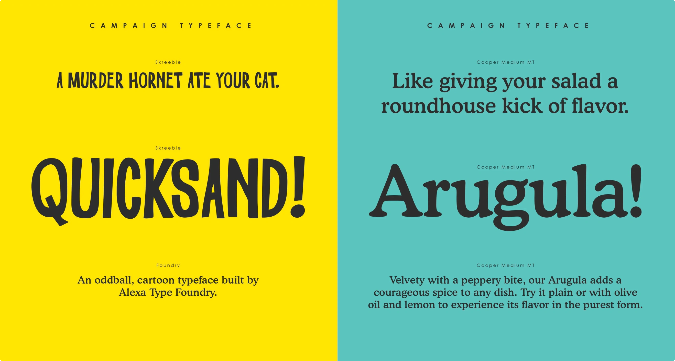 Typography and campaign identity elements showing fonts used in the Feel Good Greens campaign.