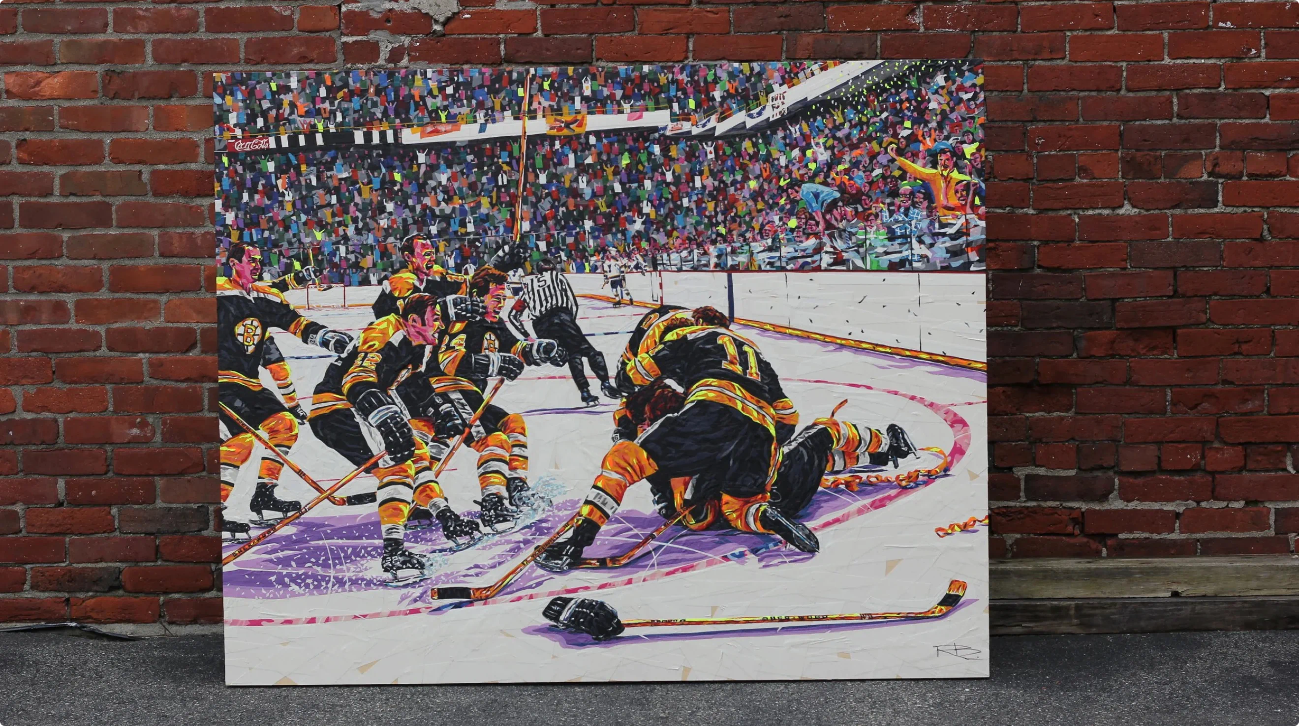 Boston Bruins artwork made entirely out of colored hockey tape by artist Rene Begin.