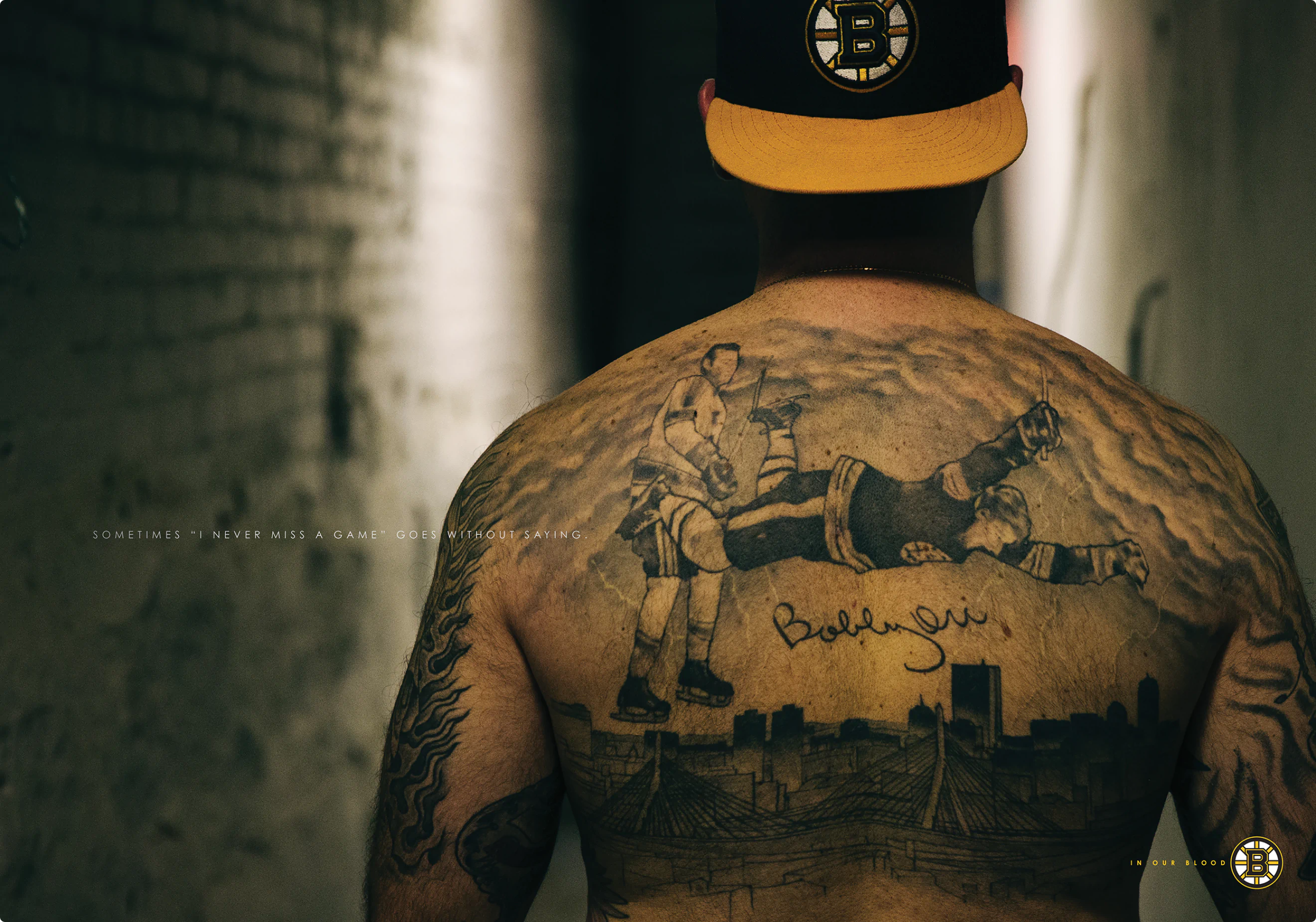"In Our Blood" ad campaign print ad by Colossus. A picture of a Bobby Orr Dive tattoo.