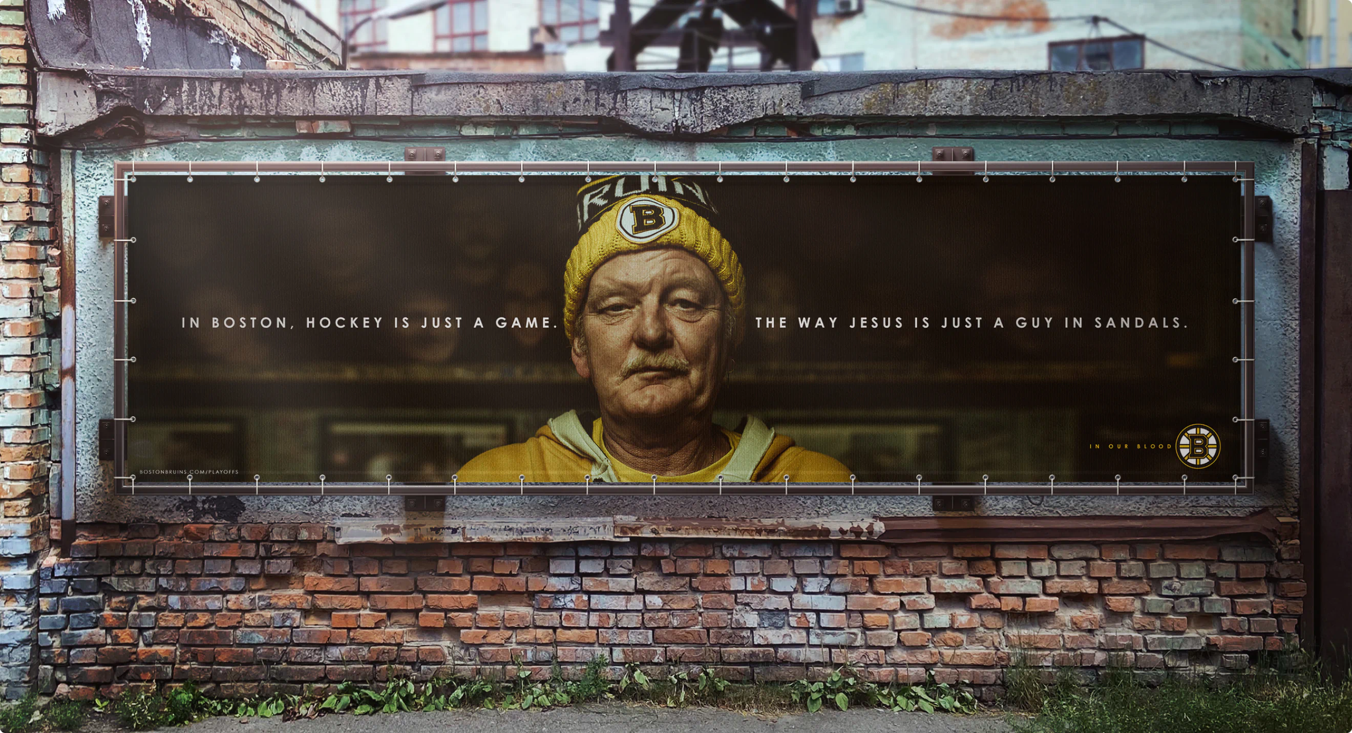 "In Our Blood" ad campaign print ad by Colossus. A picture of an old Boston bartender from Croke Park in Southie wearing a Boston Bruins knit hat.