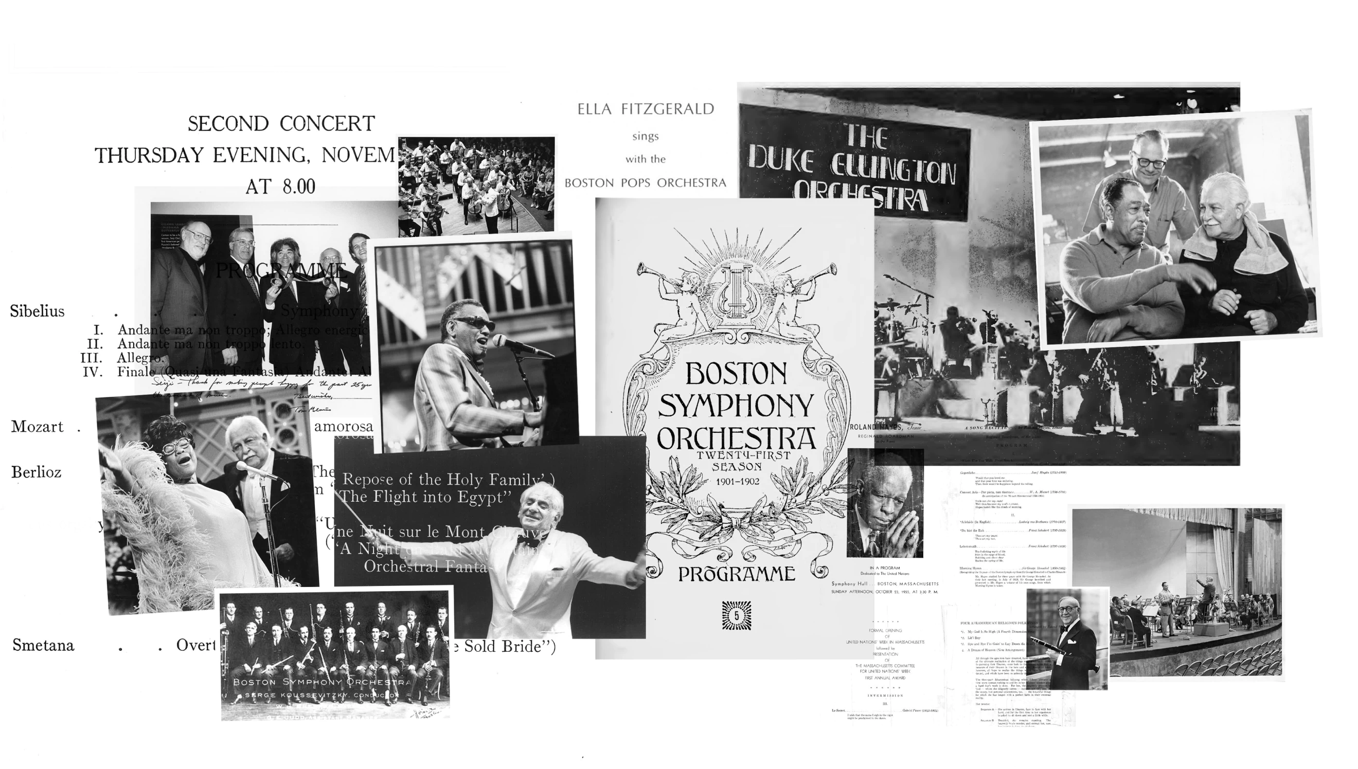A collection of historical images from the archives of the BSO featuring Aretha Franklin, Ray Charles, Due Ellington, Arthur Fiedler and Jon Williams. The design is a part of the BSO Brand Identity designed by Colossus Creative Co.