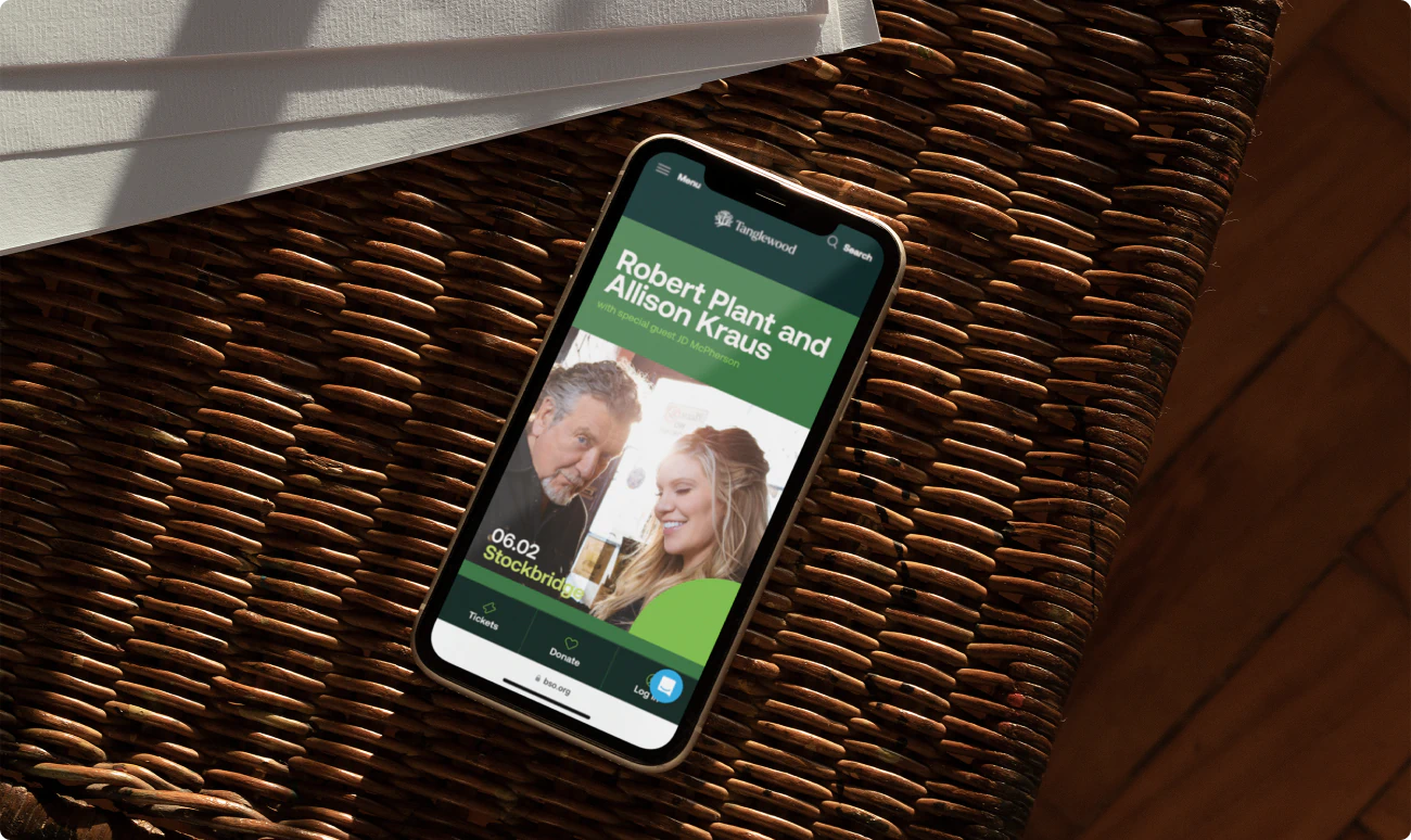 A mobile web design for Tanglewood music venue featuring Robert Plant and Allison Kraus. The design is a part of the BSO Brand Identity designed by Colossus Creative Co.