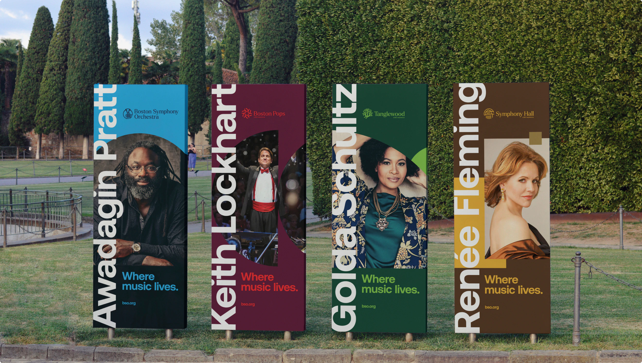 Four vertical banner designs for the BSO. The design is a part of the BSO Brand Identity designed by Colossus Creative Co.