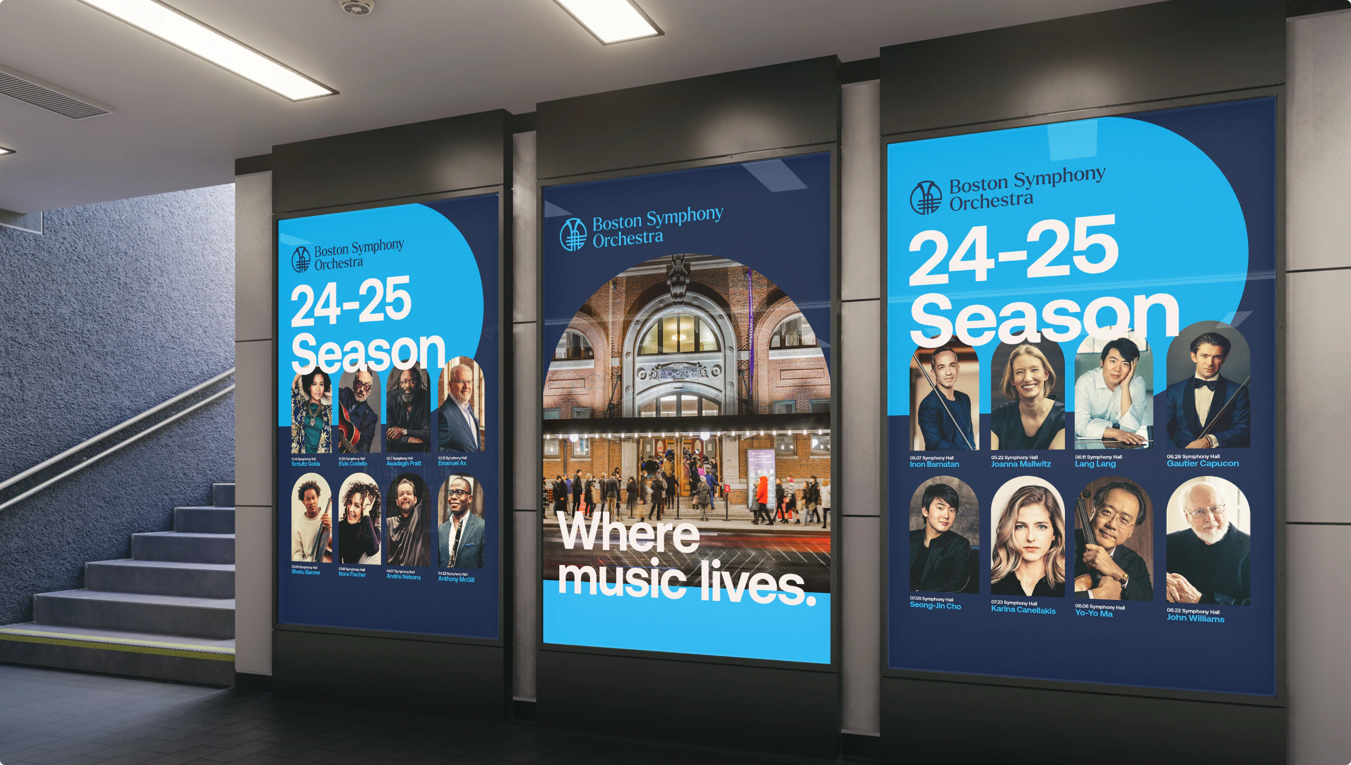 Three MBTA ads for the 2025 BSO season featuring images of performers. The design is a part of the BSO Brand Identity designed by Colossus Creative Co.
