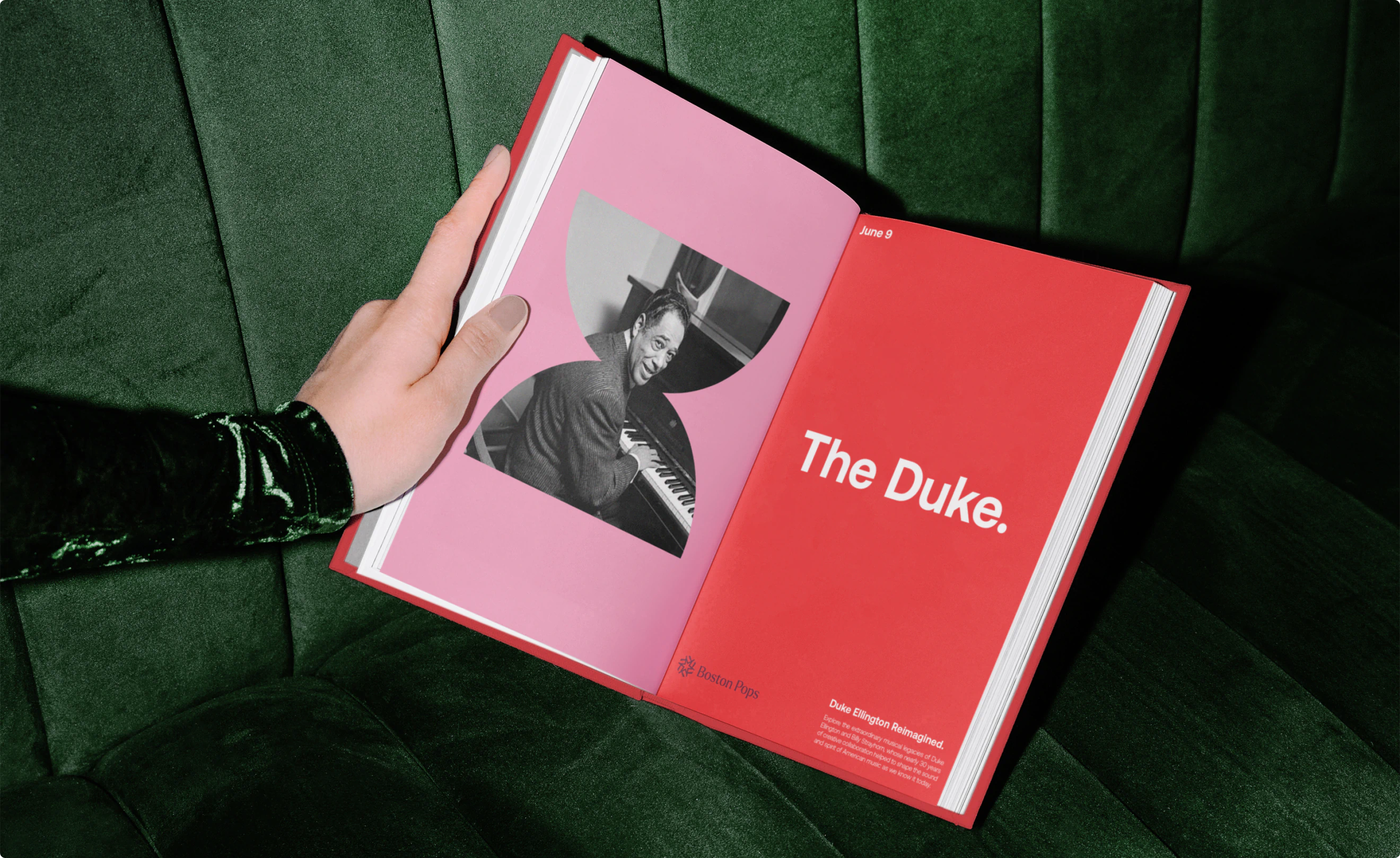 A book spread featuring Duke Ellington on the piano and vibrant brand colors in a layout for the Boston Pops. The design is a part of the BSO Brand Identity designed by Colossus Creative Co.