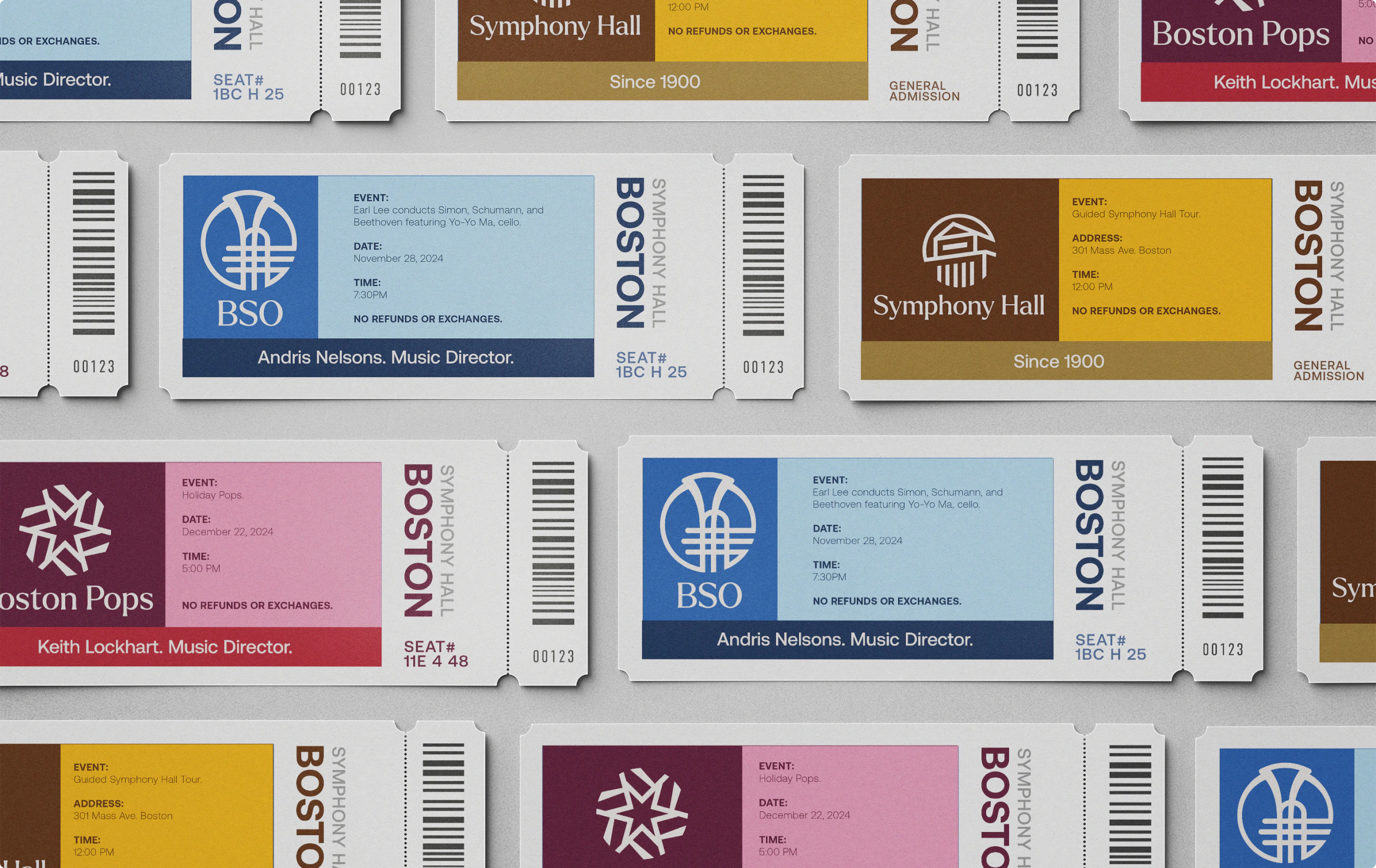 Ticket design for Symphony Hall, The Boston Pops, BSO and Tanglewood performances, as a part of the BSO Brand Identity.