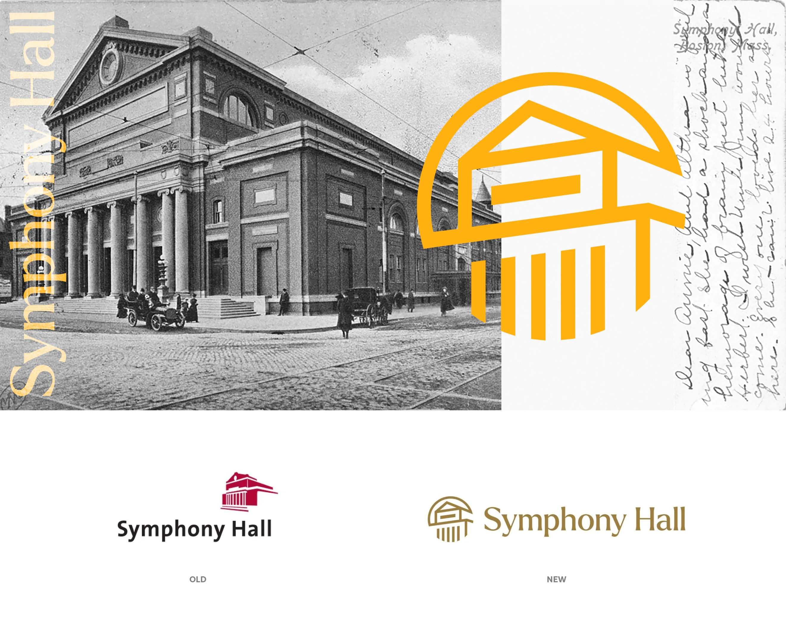 A side by side layout of the history Symphony Hall logo and the new Symphony Hall logo. The design is a part of the BSO Brand Identity designed by Colossus Creative Co.