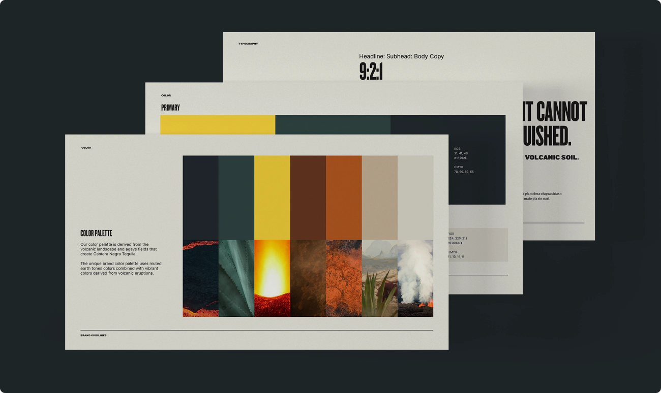 Three pages outlining the campaign and brand design for premium tequila brand, Cantera Negra.