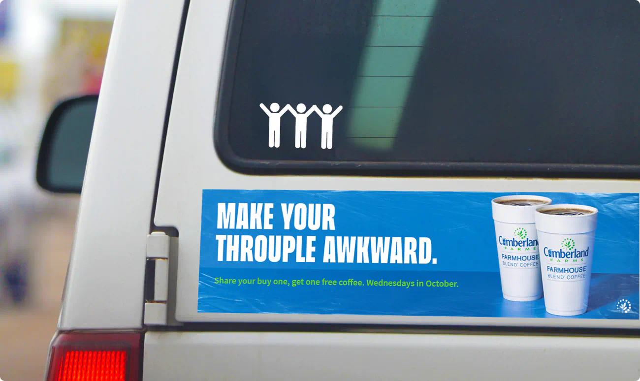 Cumberland Farms billboard. Blue background with two steaming cups of coffee. The headline reads: "Make your throuple awkward."