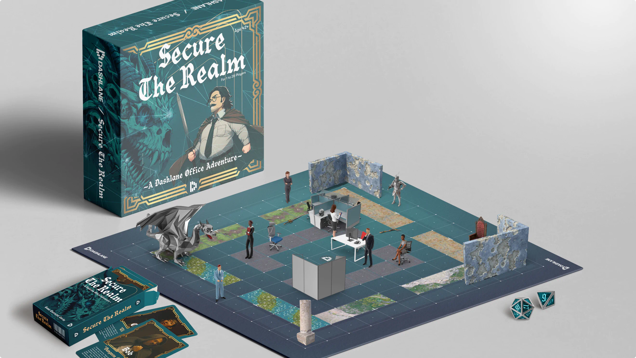 A custom role-playing board game called "Secure the Realm" featuring IT workers battling office treachery and high stakes workplace drama.