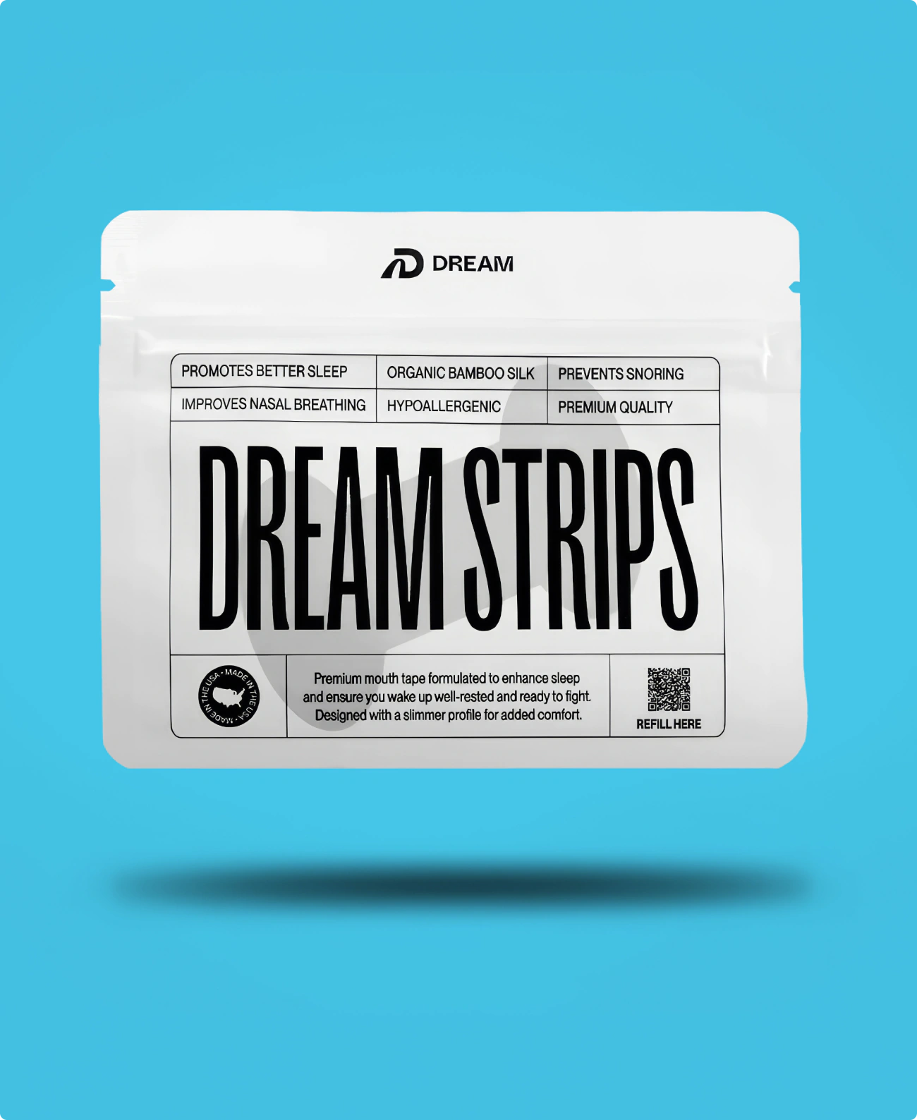 Packaging design for Dream Strips. Metallic pouch with chic black lettering.