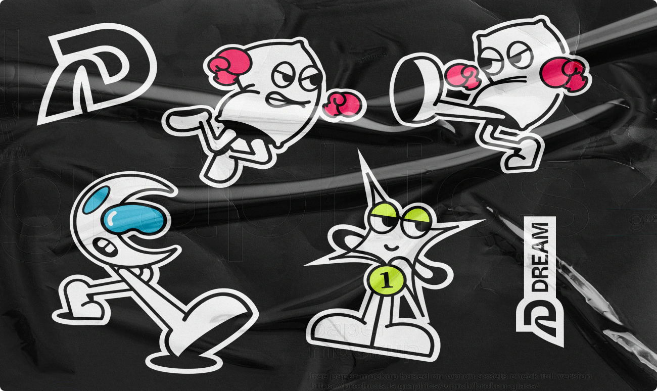 A sticker pack of fun characters made for Dream Performance. One is a boxing pillow. Another is a moon wearing a sleep mask.