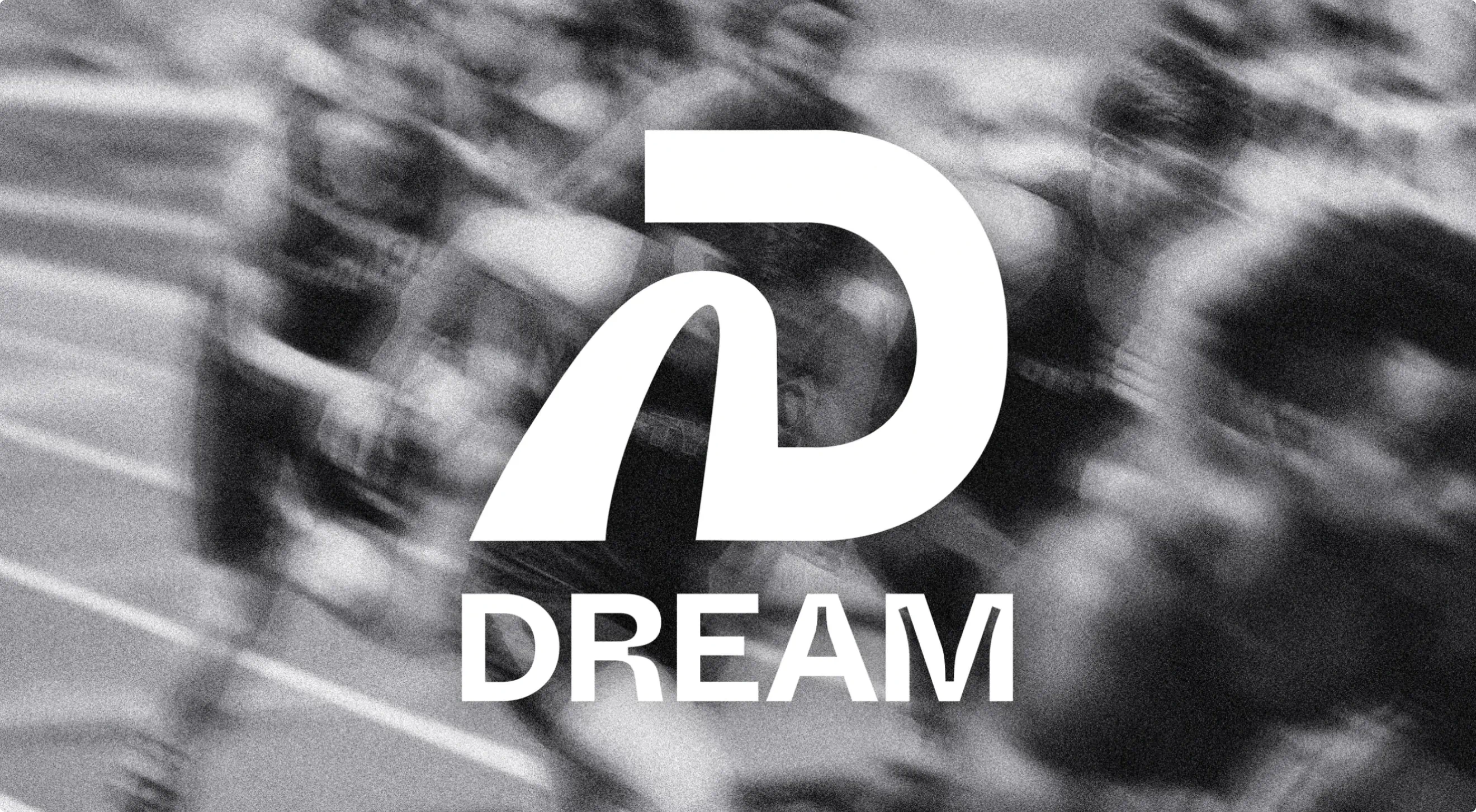 Logo design for Dream displayed over a black and white image of a track and field event.