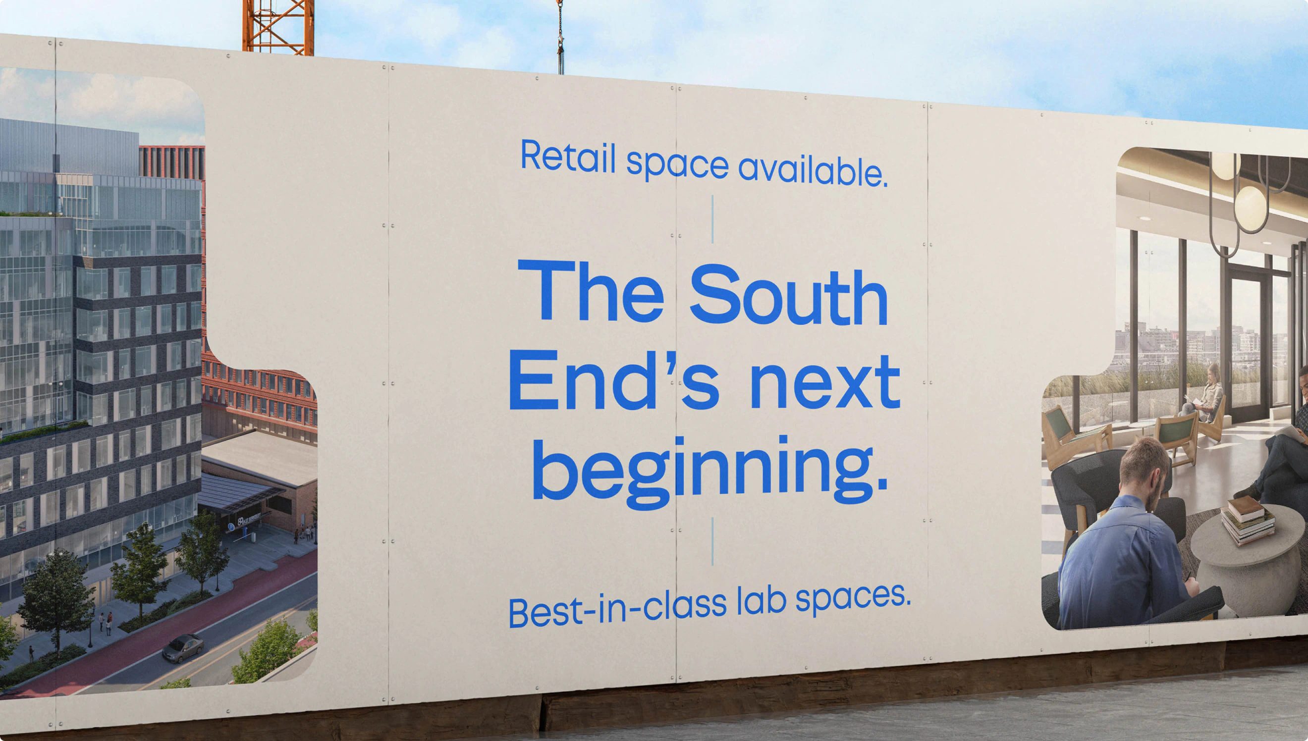 a beautifully designed street level fence scrim for EB80. The copy reads "The South End's Next Beginning."