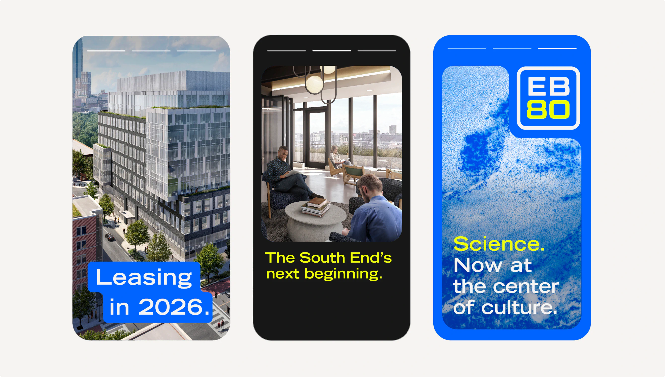 Three phone screens displaying social posts for EB80 with leasing dates and information.