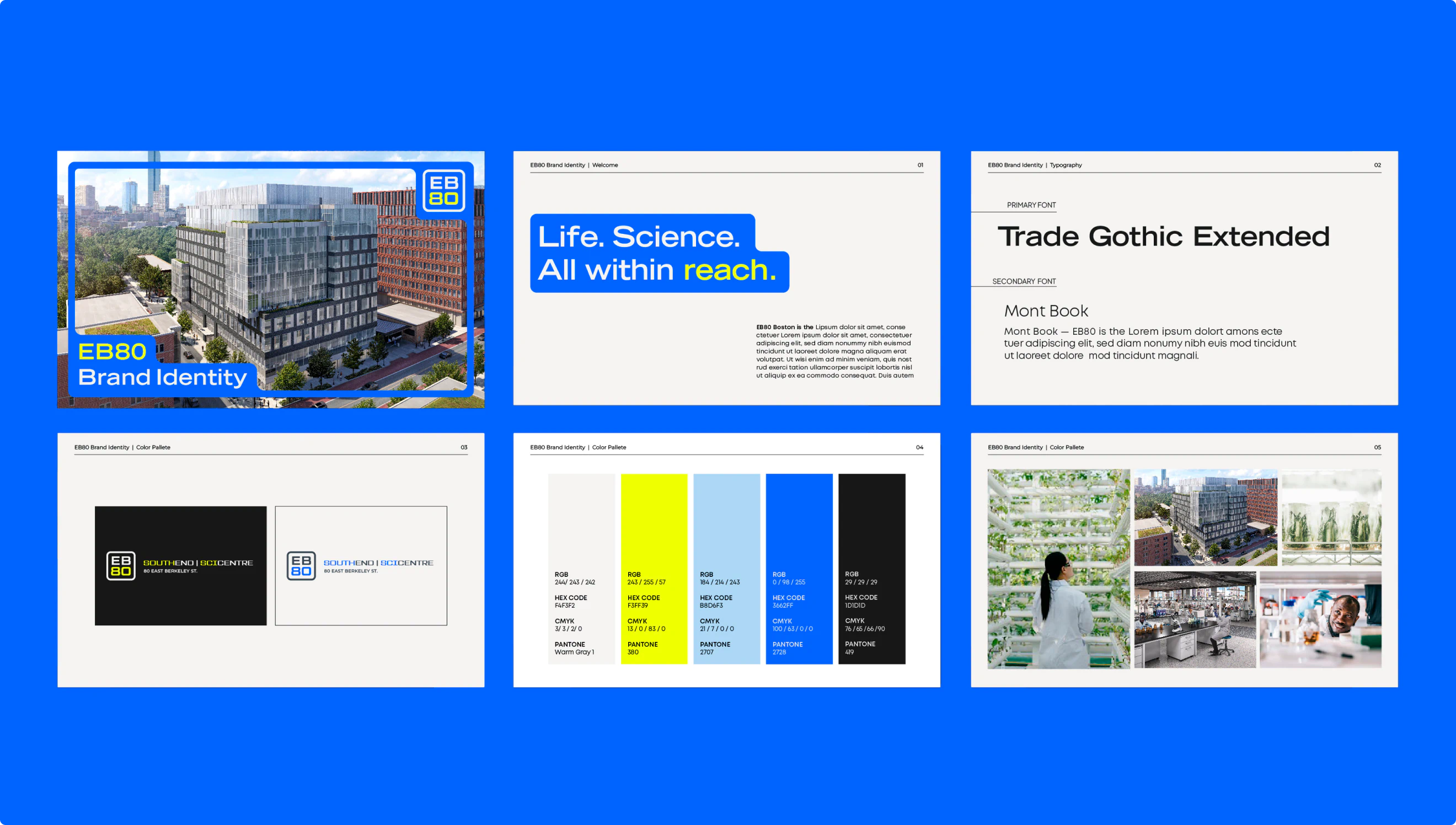 A layout of key pages from the EB80 brand identity system showing rules for typography, color and layout.