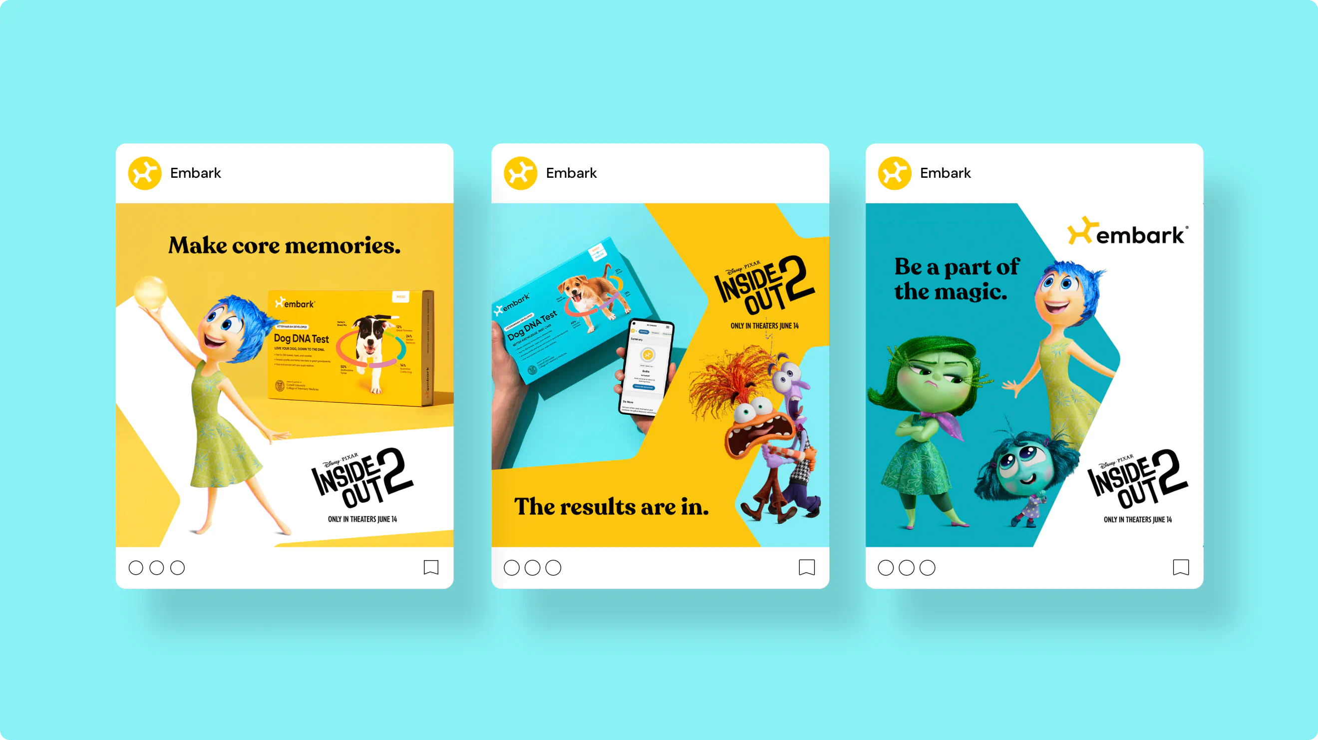 Trio of social posts announcing a partnership between Embark and Disney Pixar's "Inside Out 2."