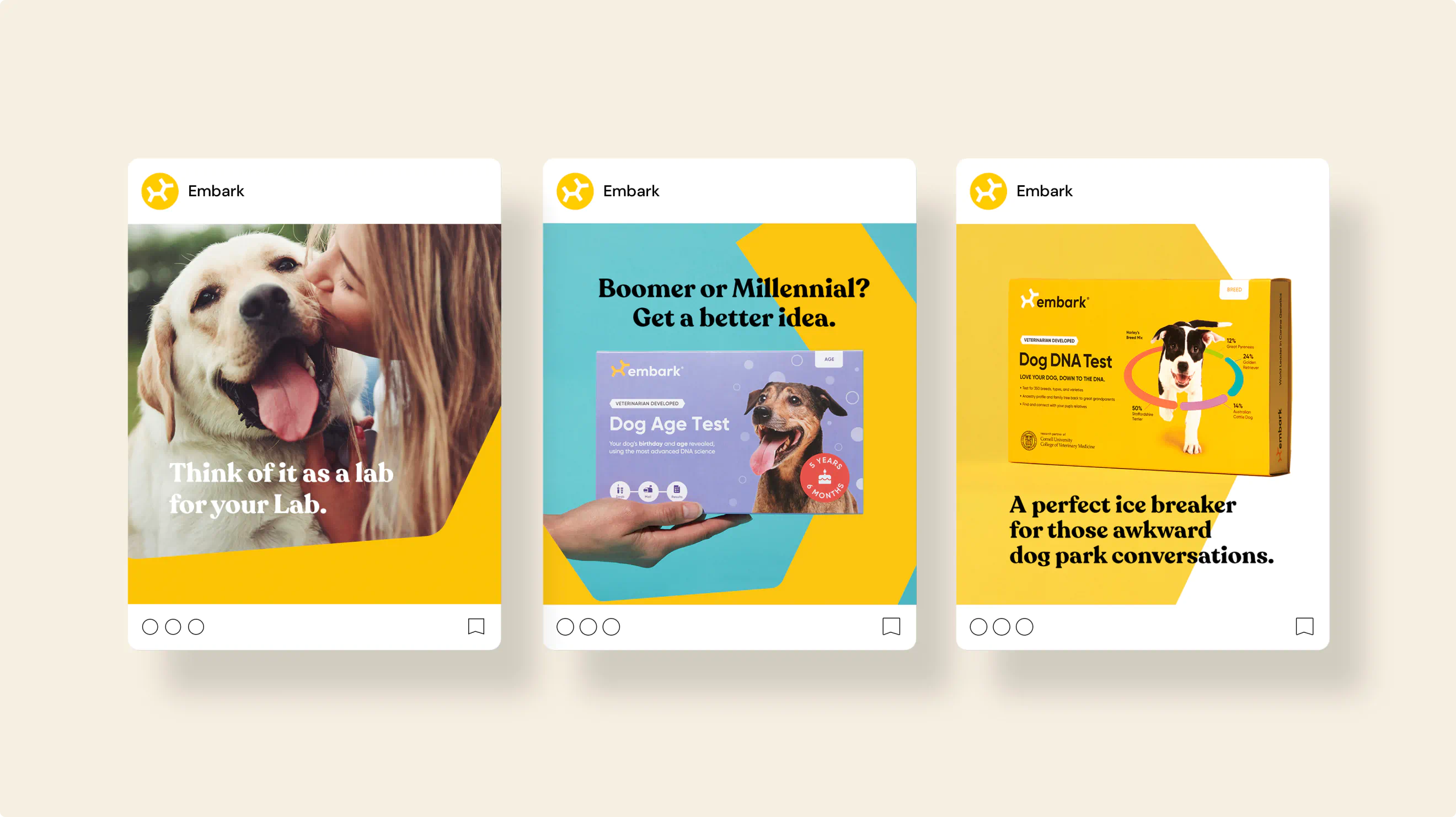 Campaign social posts for Embark dog DNA testing created by Colossus.