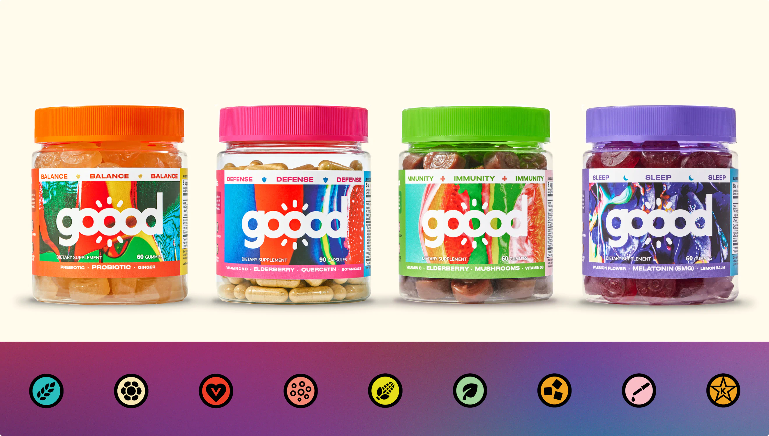 Four bottles of Goood Wellness vitamins and supplements.