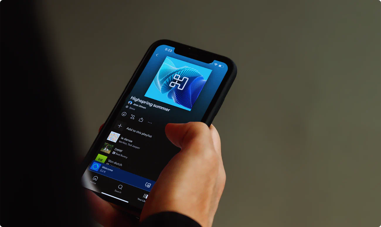 Mobile Spotify playlist. A part of the B2B brand identity for Vaco Highspring developed by Colossus.