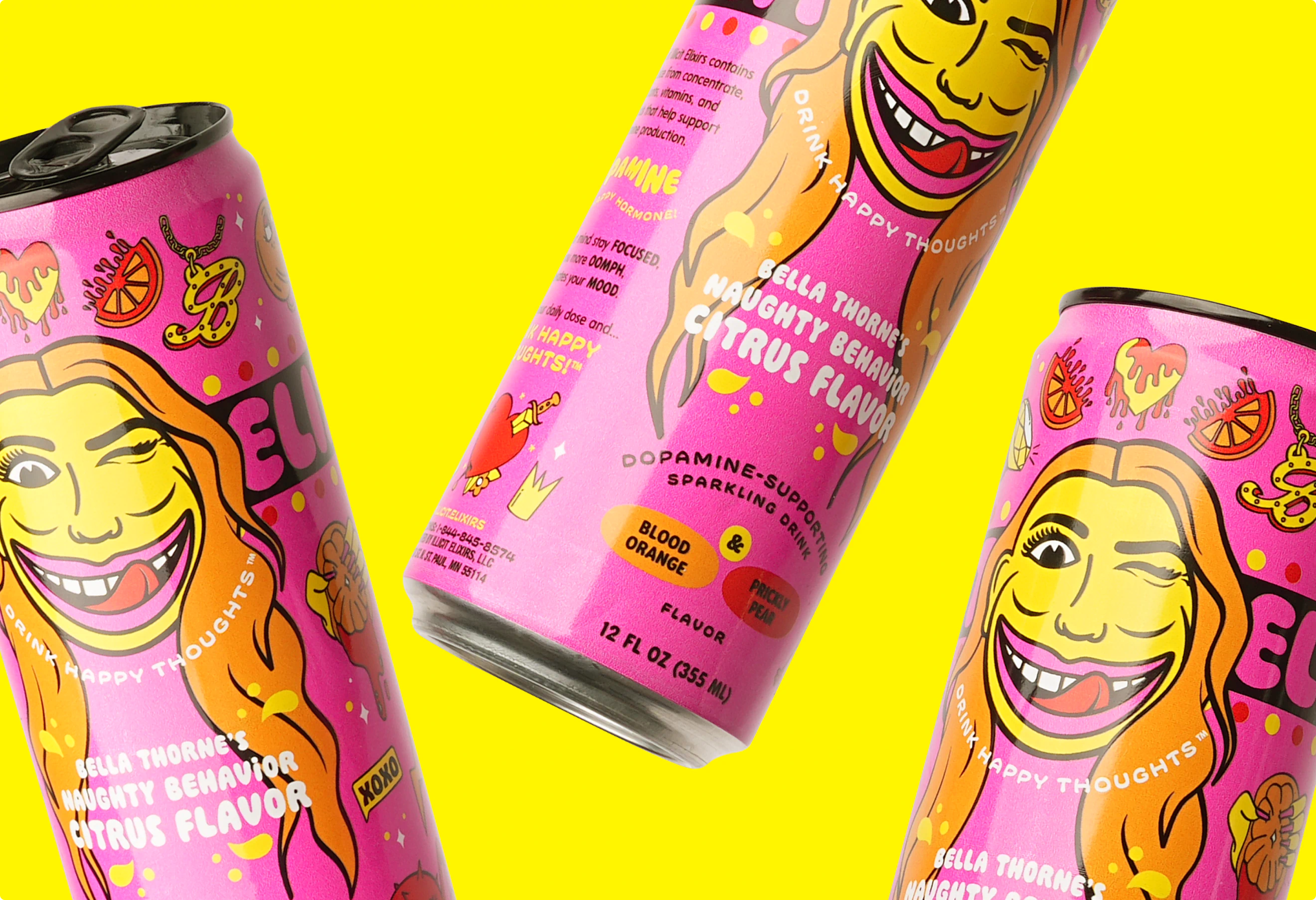 Three fun beverage cans falling against a yellow background. Bella Thorne.
