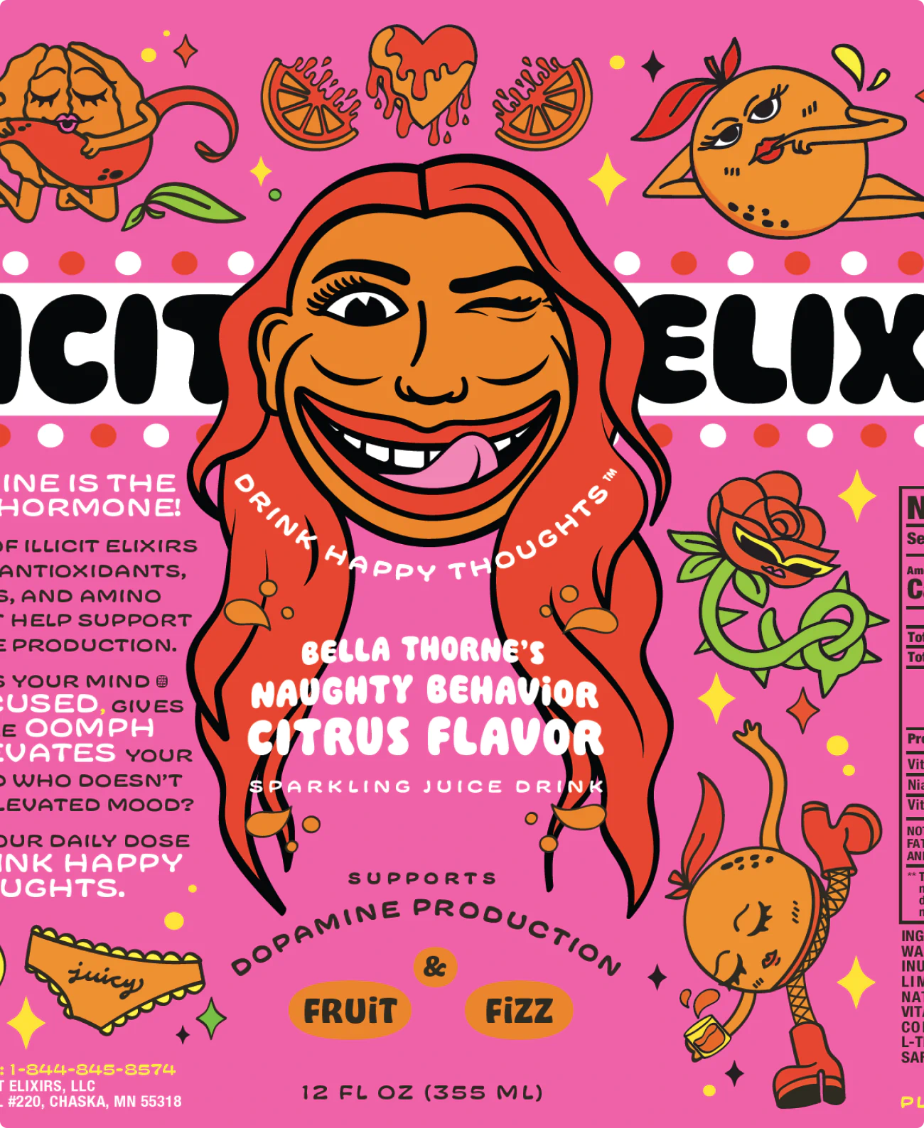 Label and packaging design for Illicit Elixers and Bella Thorne.