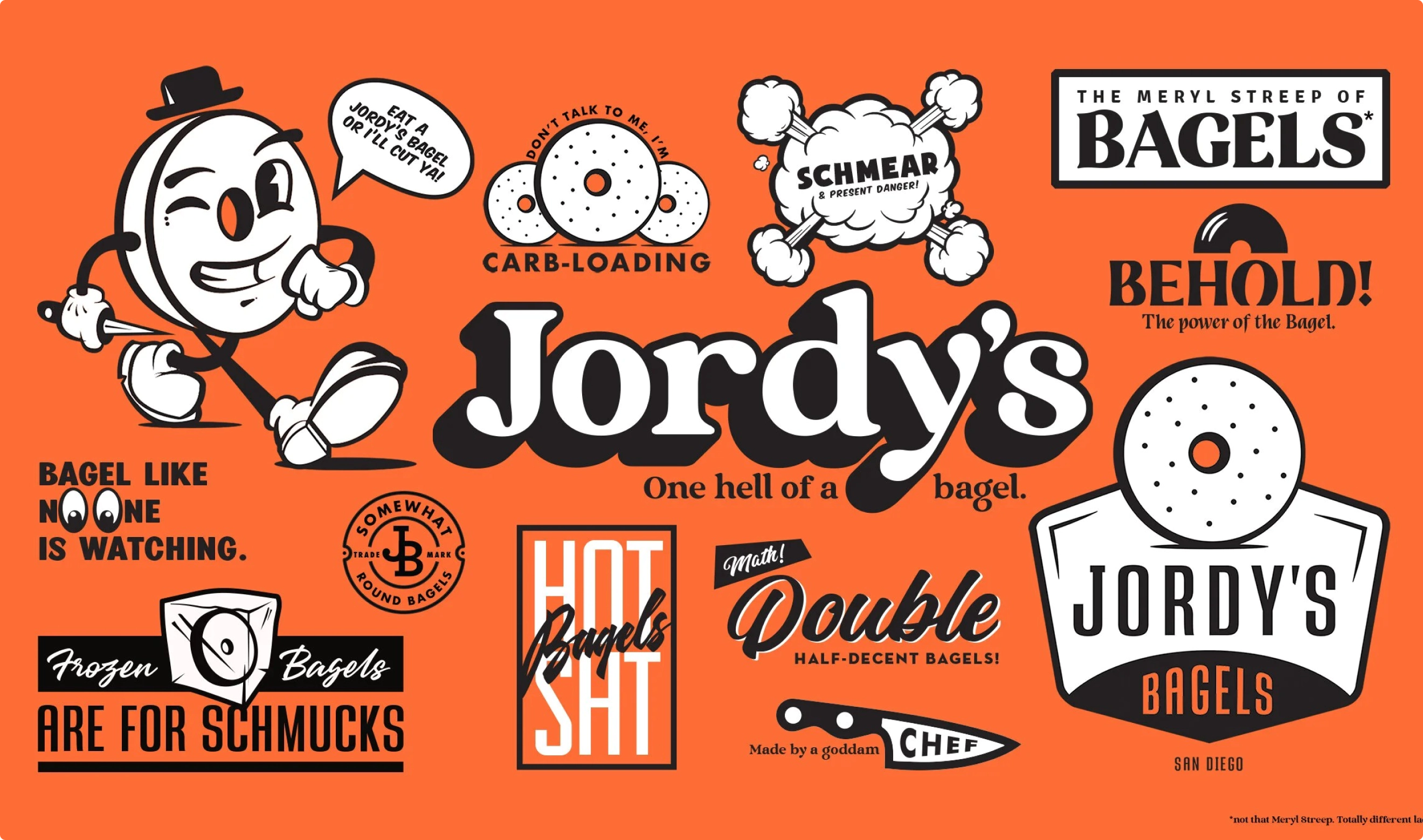 Layout of typographic designs and fun illustration elements for Jordy's Bagels.