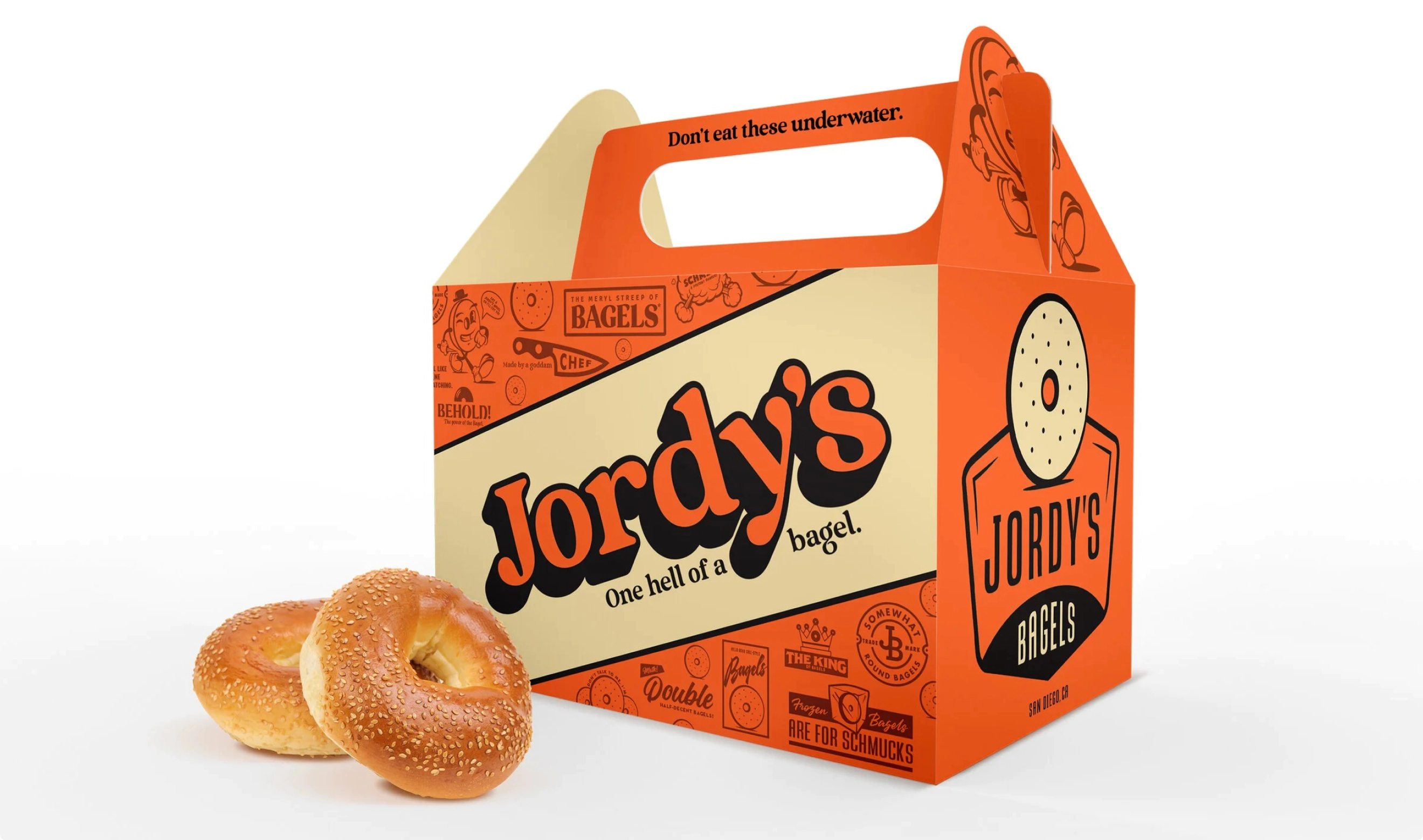 Unique packaging design for Jordy's Bagels. Folding top box. Well branded.