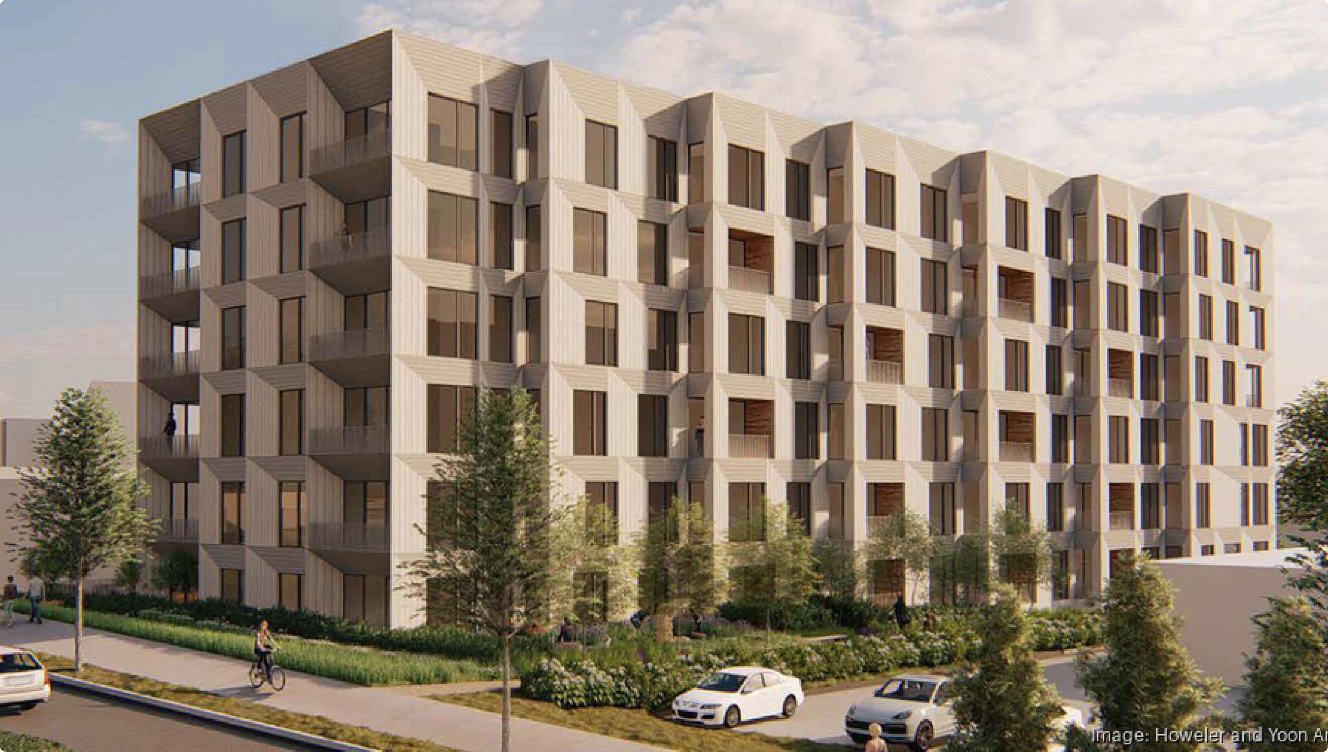 Exterior building rendering. The Charley Apartments in Boston.