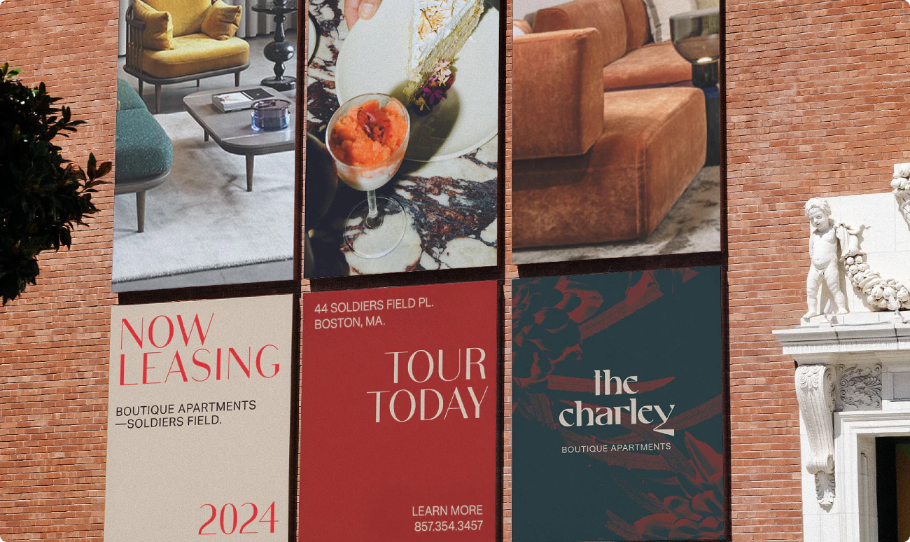 Exterior building leasing signage design for a Boston commercial real estate development called The Charley.