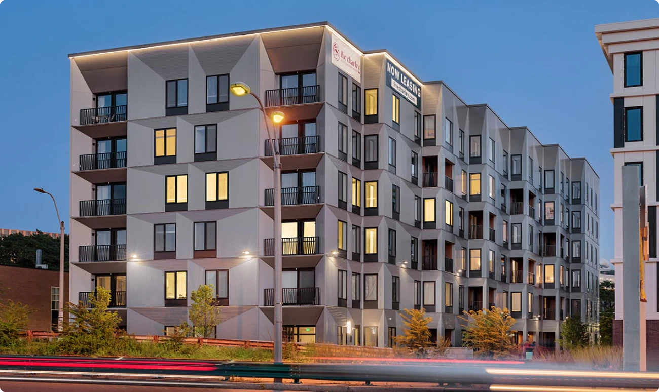 Exterior building photography at night. The Charley Apartments in Boston.