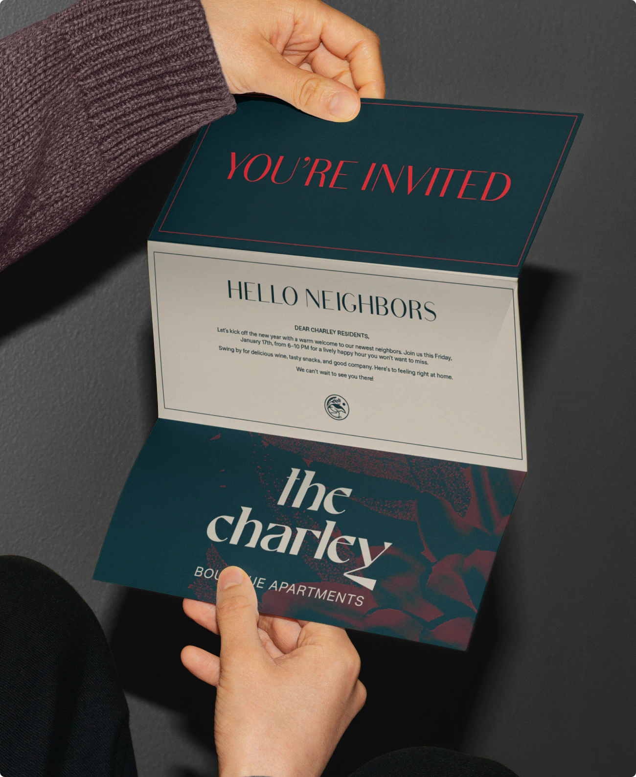 Invitation design for a Boston commercial real estate development called The Charley.