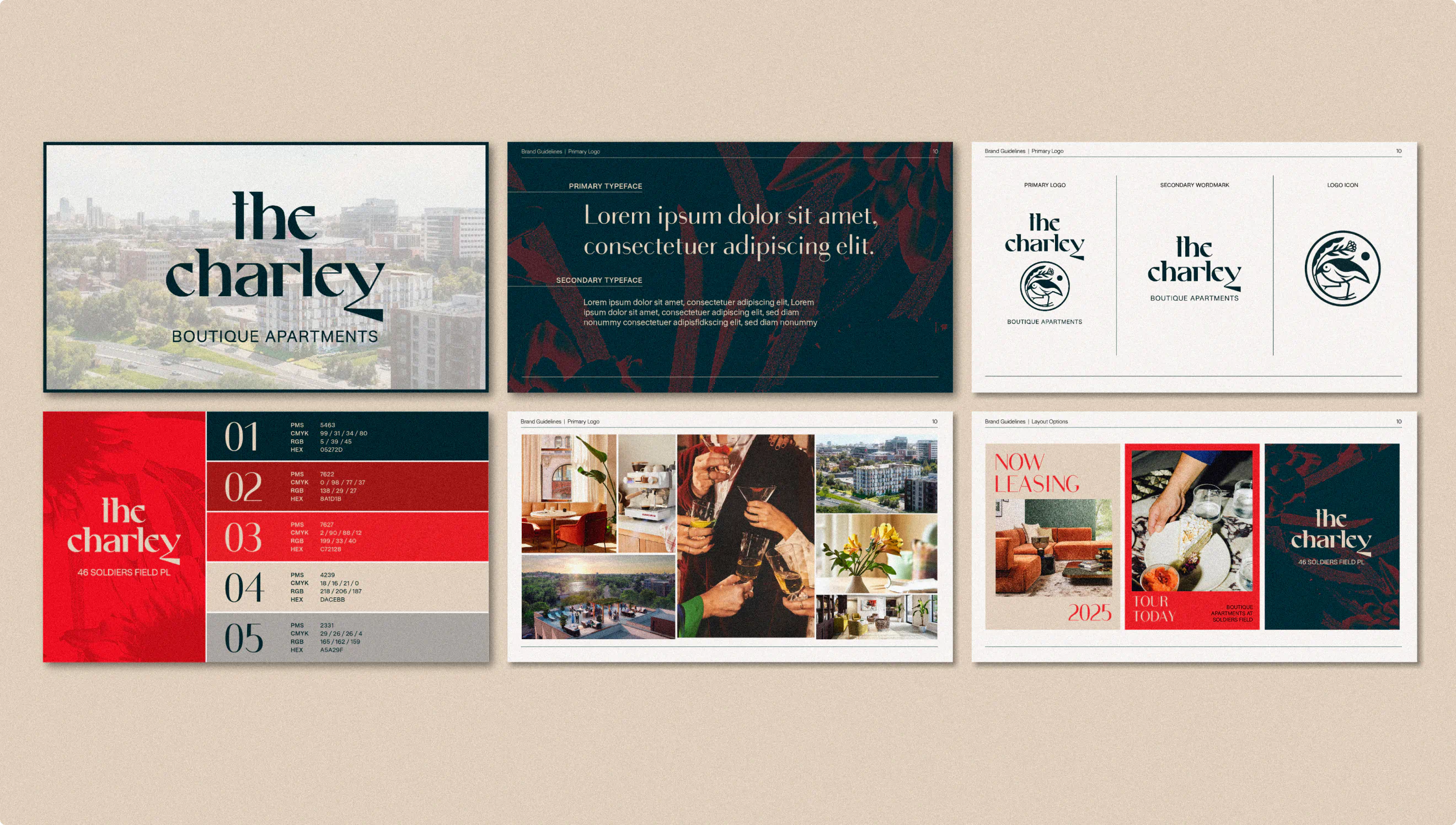 Full brand identity design for a Boston commercial real estate development called The Charley.