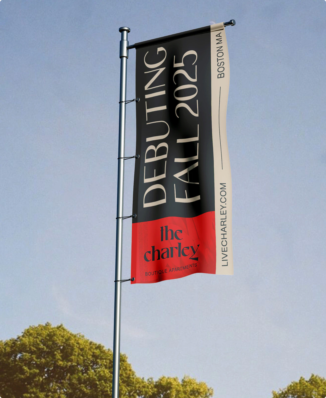 Banner and leasing flag design for a Boston commercial real estate development called The Charley.