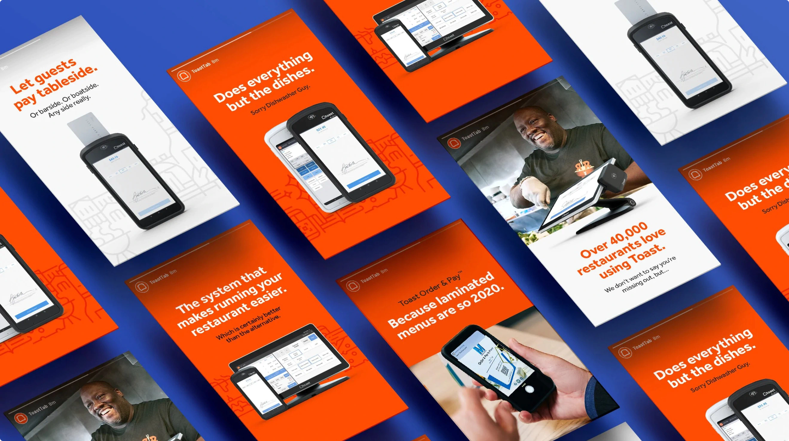 A large grid of paid social posts for Toast featuring UX elements, brand colors and small business owners.