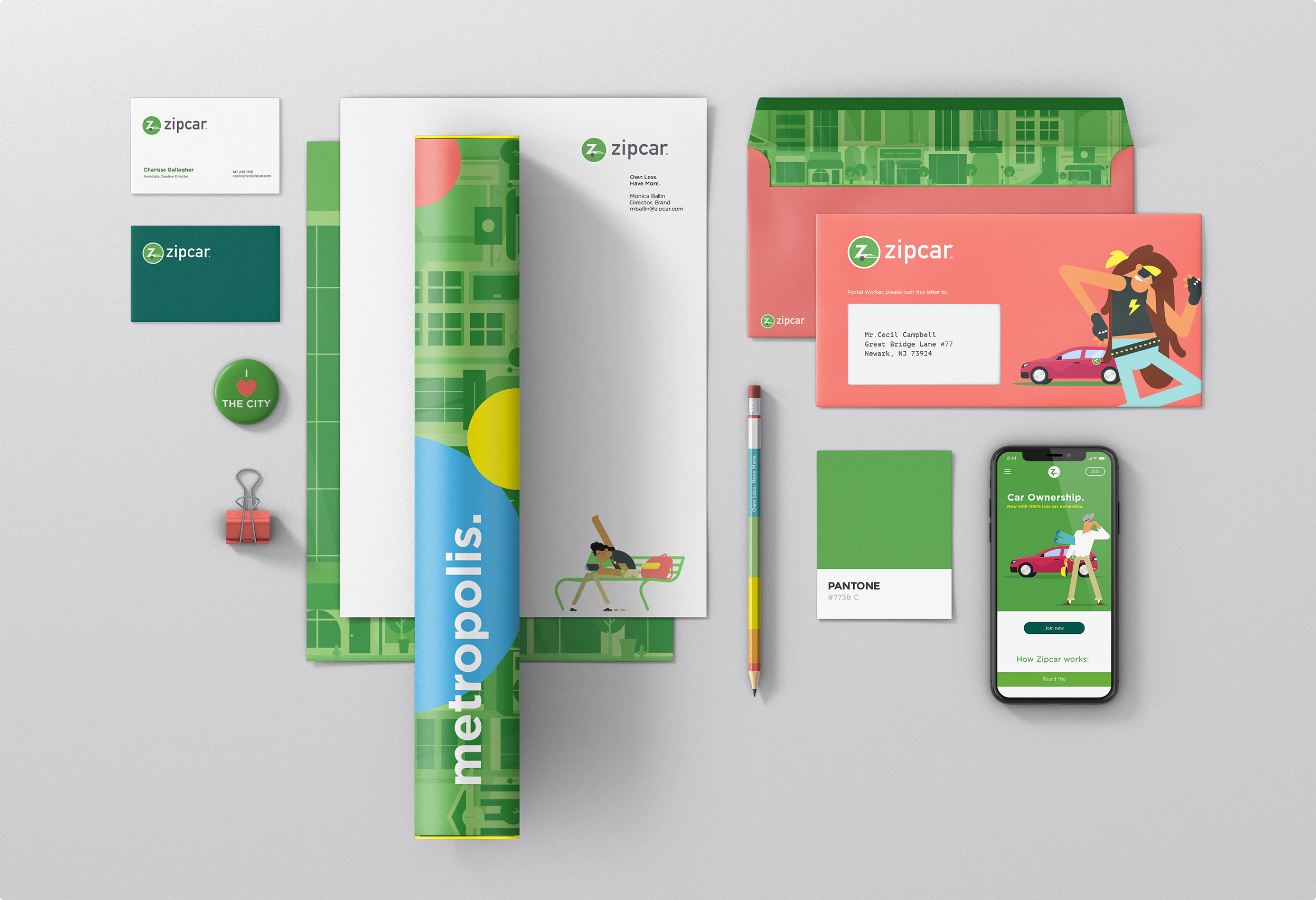Suite of business collateral and brand identity for Zipcar.