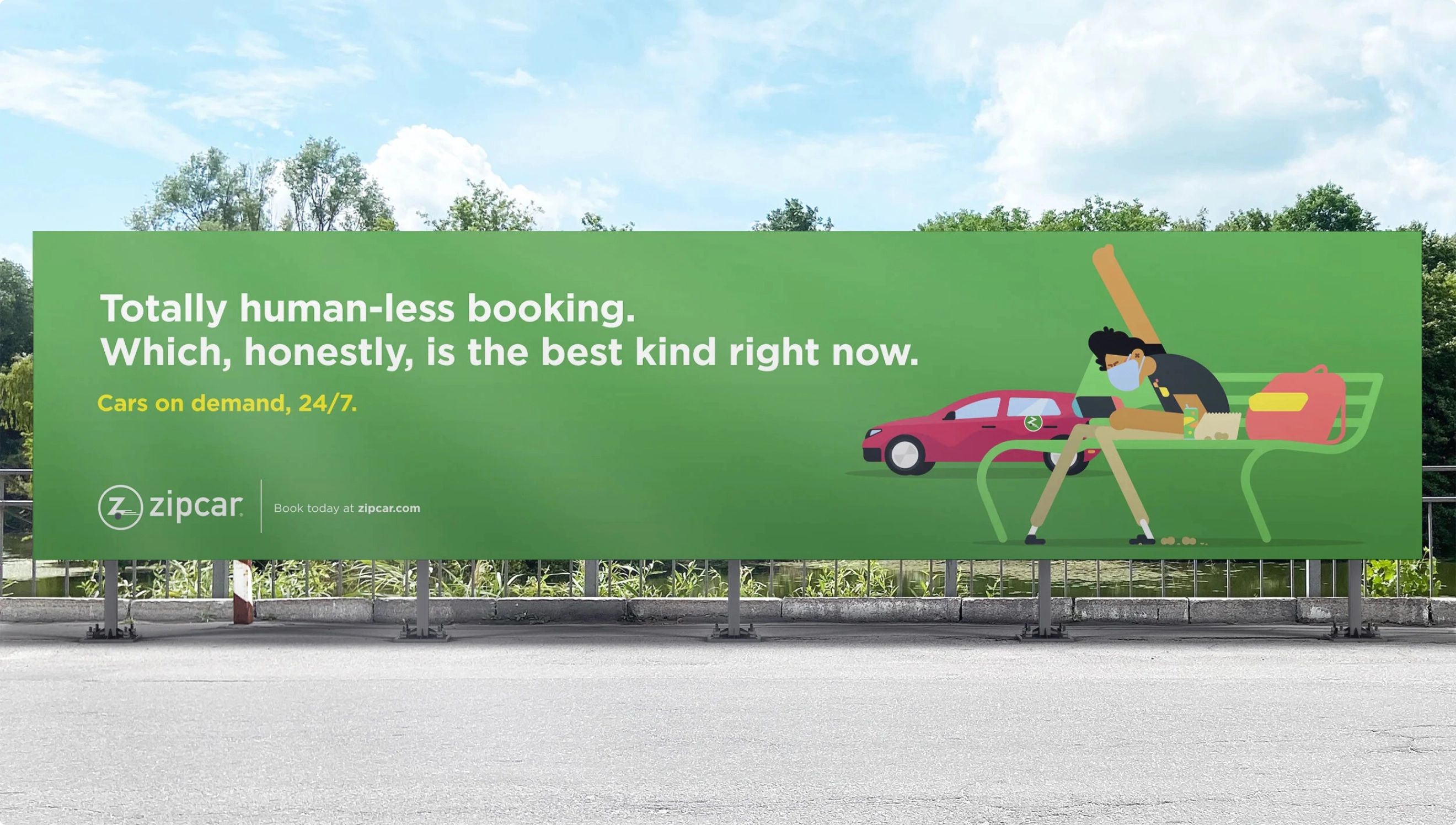 Horizontal billboard for Zipcar featuring fun character design.